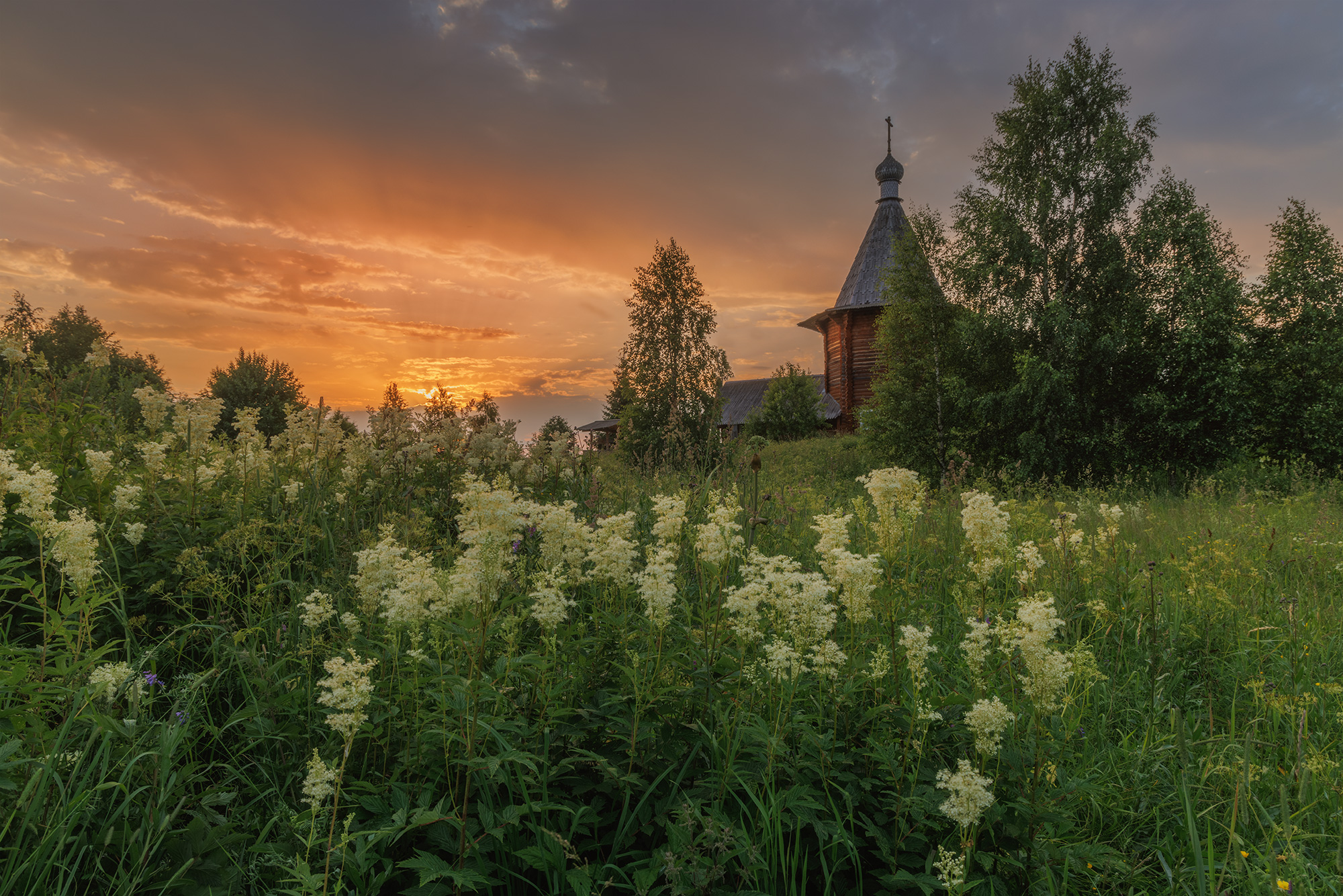 закат, колодозеро, таволга, церковь, деревянная церковь, север, Морозов Сергей