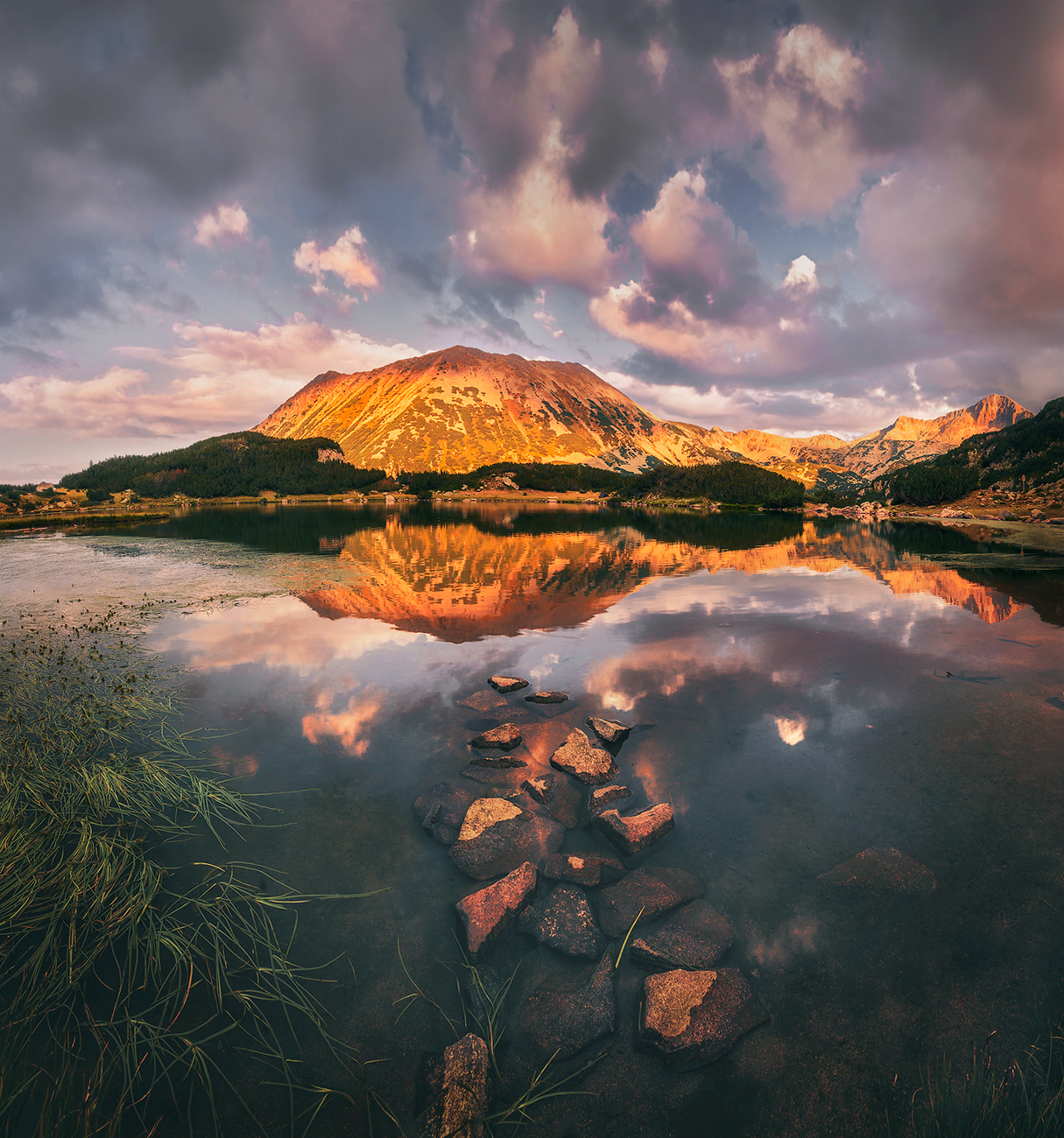 landscape, nature, scenery, summer, sunset, lake, reflection, clouds, mountain, peak, пейзаж, закат, горы, озеро, Александър Александров