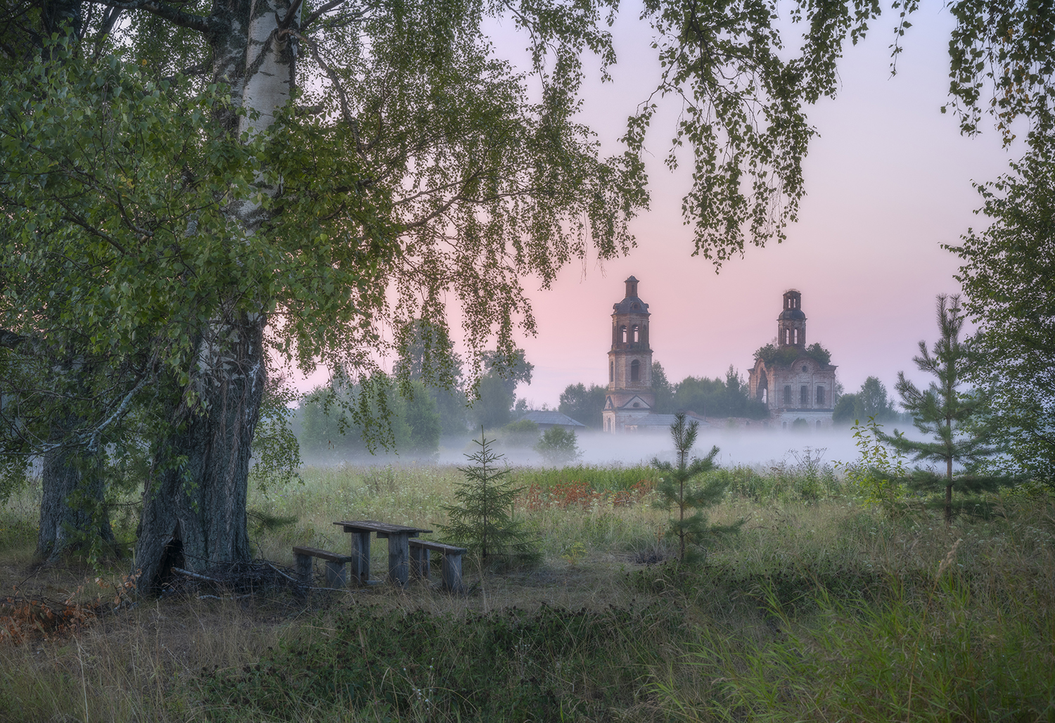август, вечер, туман, село, церковь, березы, Сергей Буторин