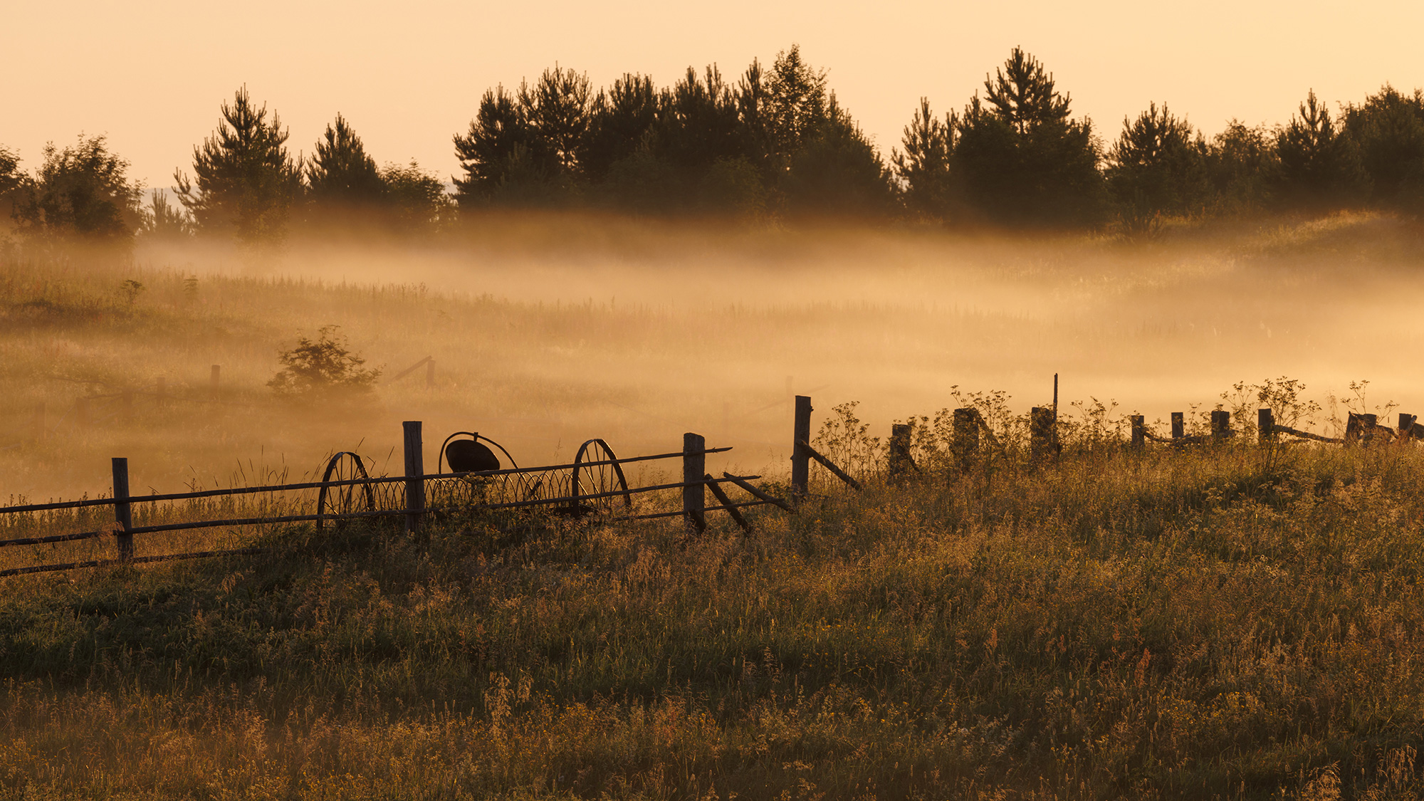 туман, север, рассвет, варзогоры, косилка, забор, Морозов Сергей