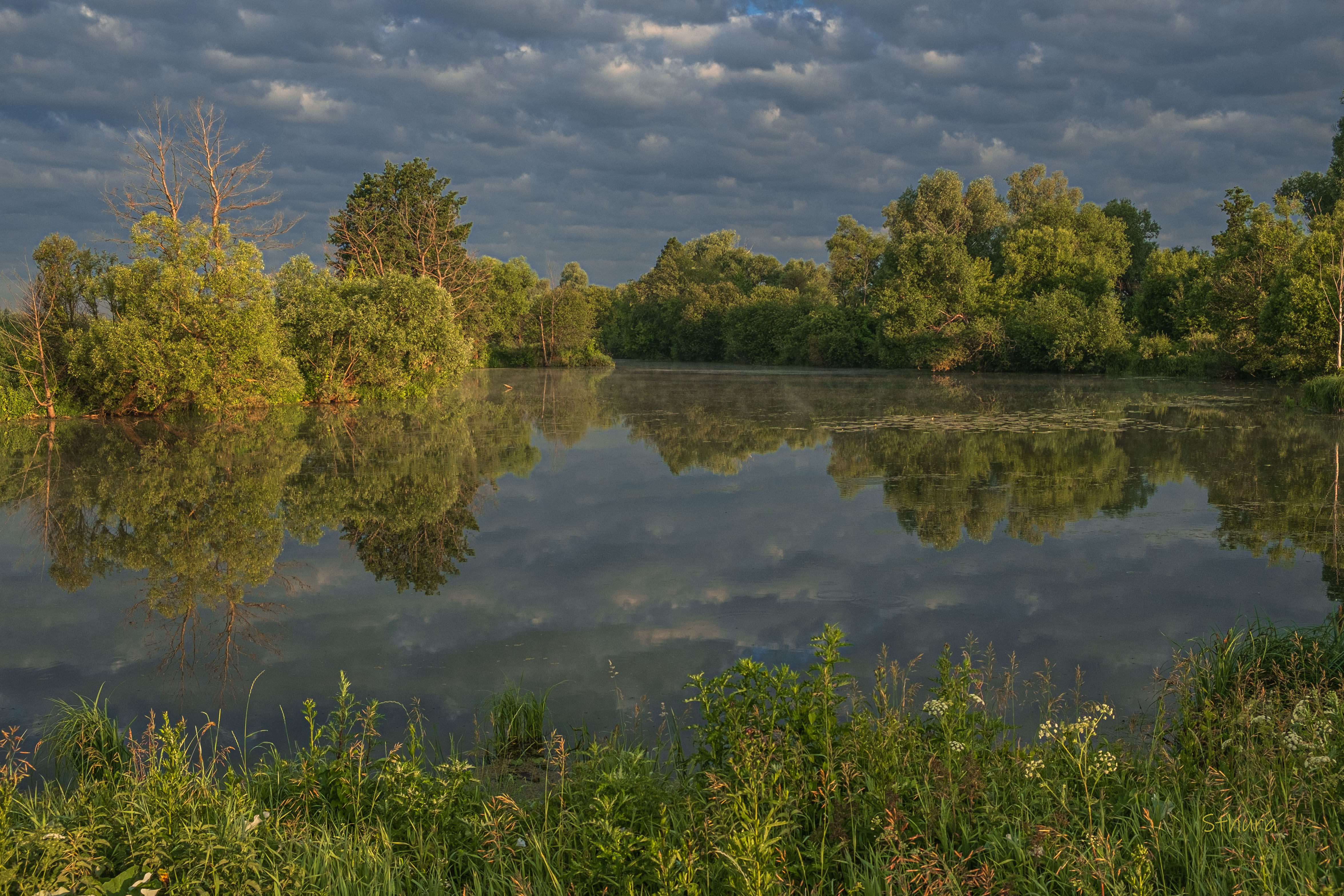 лето озеро утро облака отражение природа пейзаж, Александр Строков