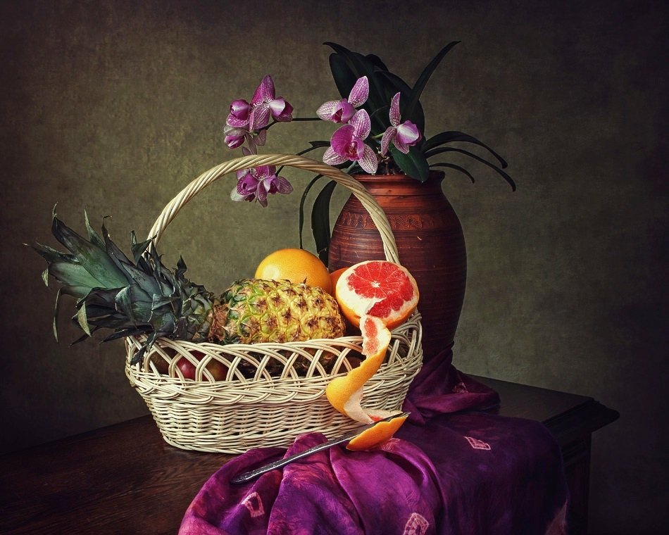 натюрморт, орхидея, фрукты, корзина, Ирина Приходько