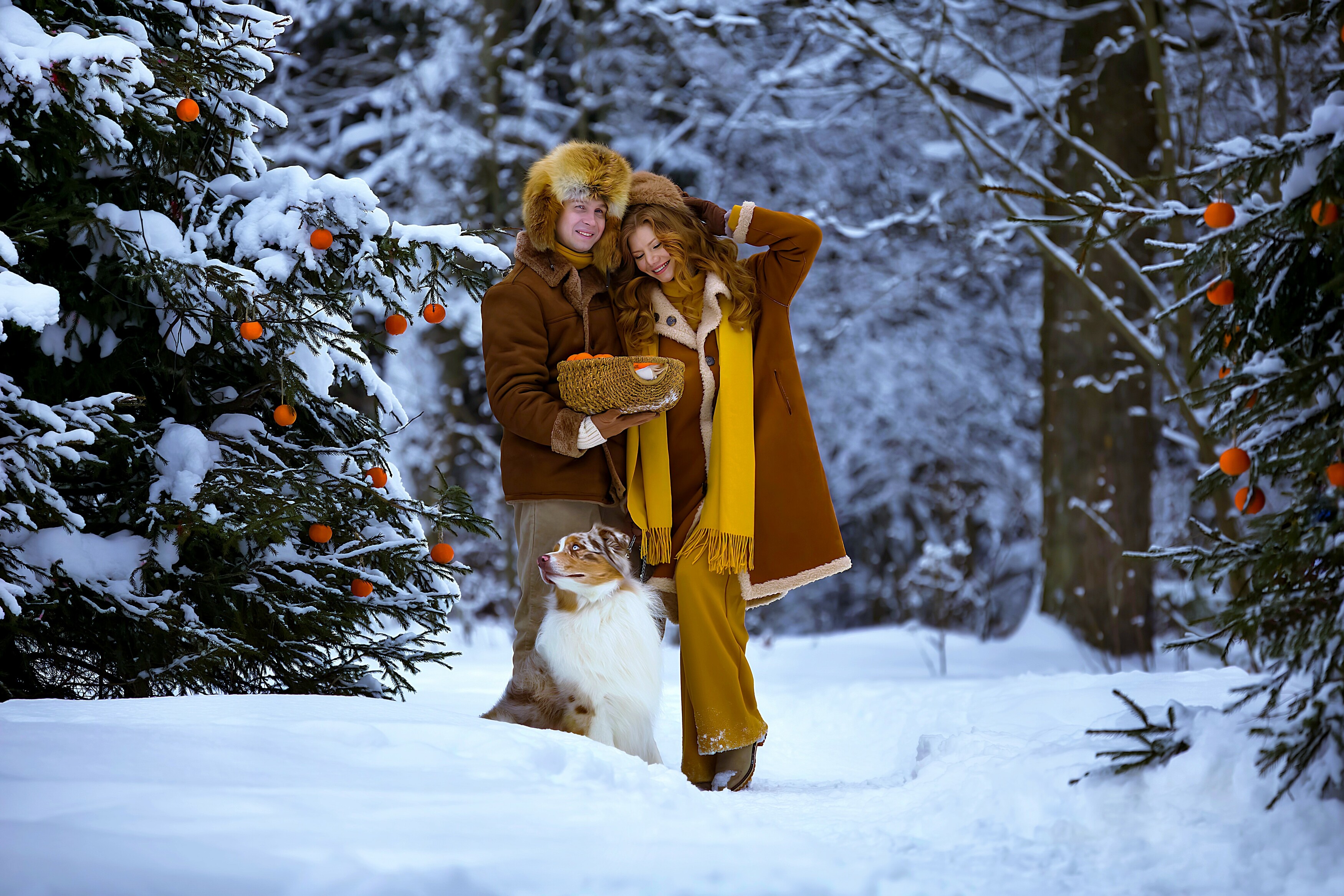 Пара, лес, зима, мандарины, собака, снег, ёлки, Герцен Наталья
