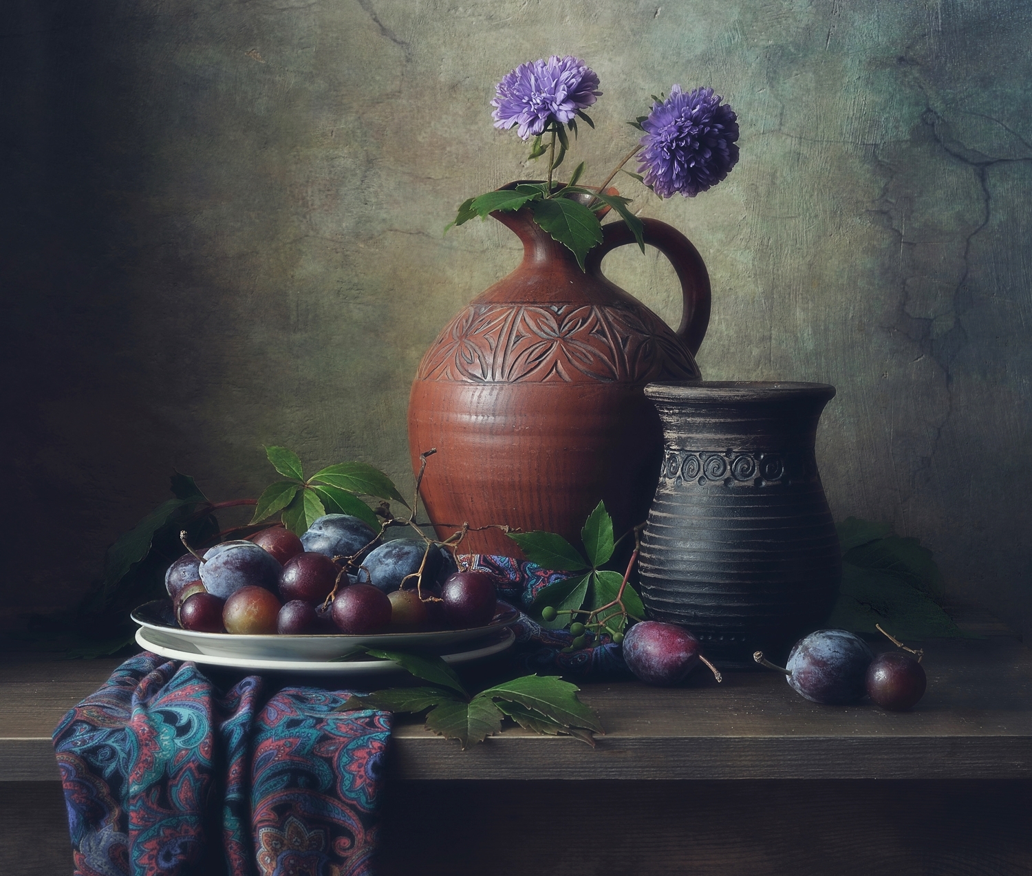 натюрморт,август,виноград,сливы,кувшин, Наталия К