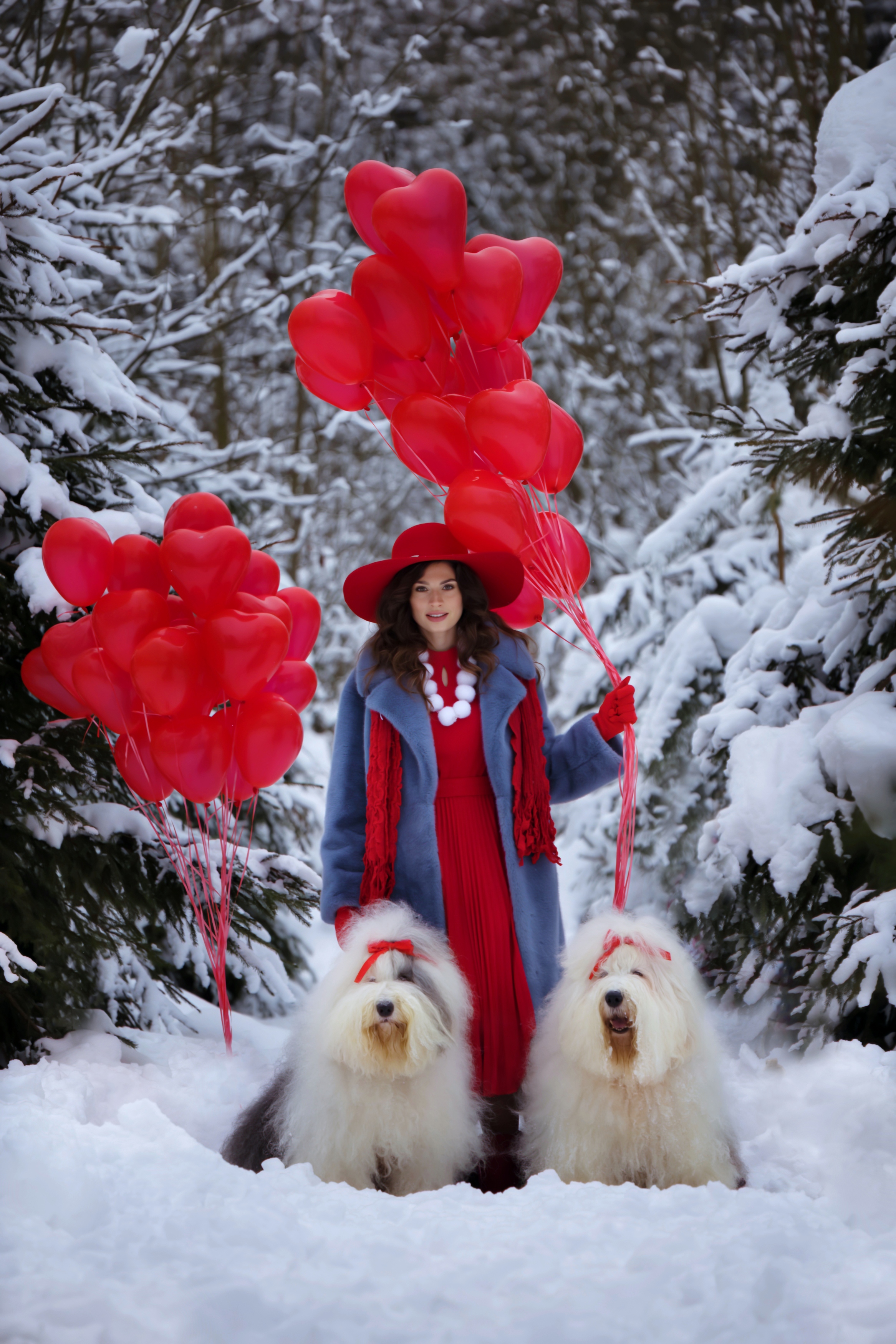 Девушка, зима, красные воздушные шары, собаки, лес, снег, Герцен Наталья