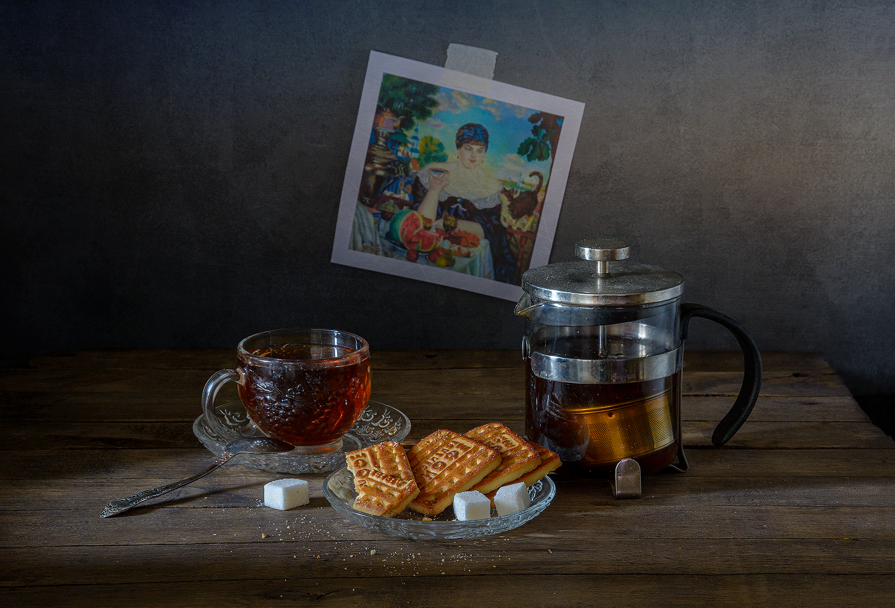чай, чашка, блюдце, печенье, сахар, емкость для заваривания чая, репродукция картины, Алексей Бычков