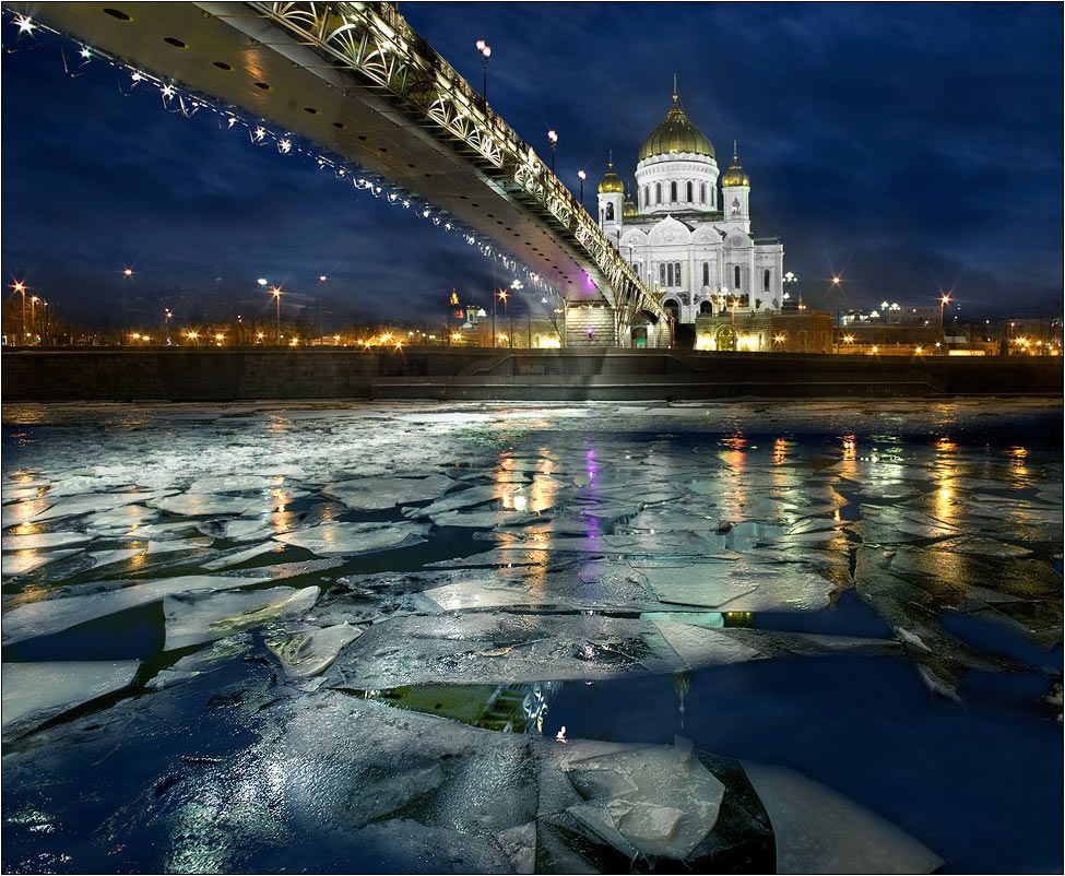 москва, река, храм, лёд, зима, ночь, Boris Bort
