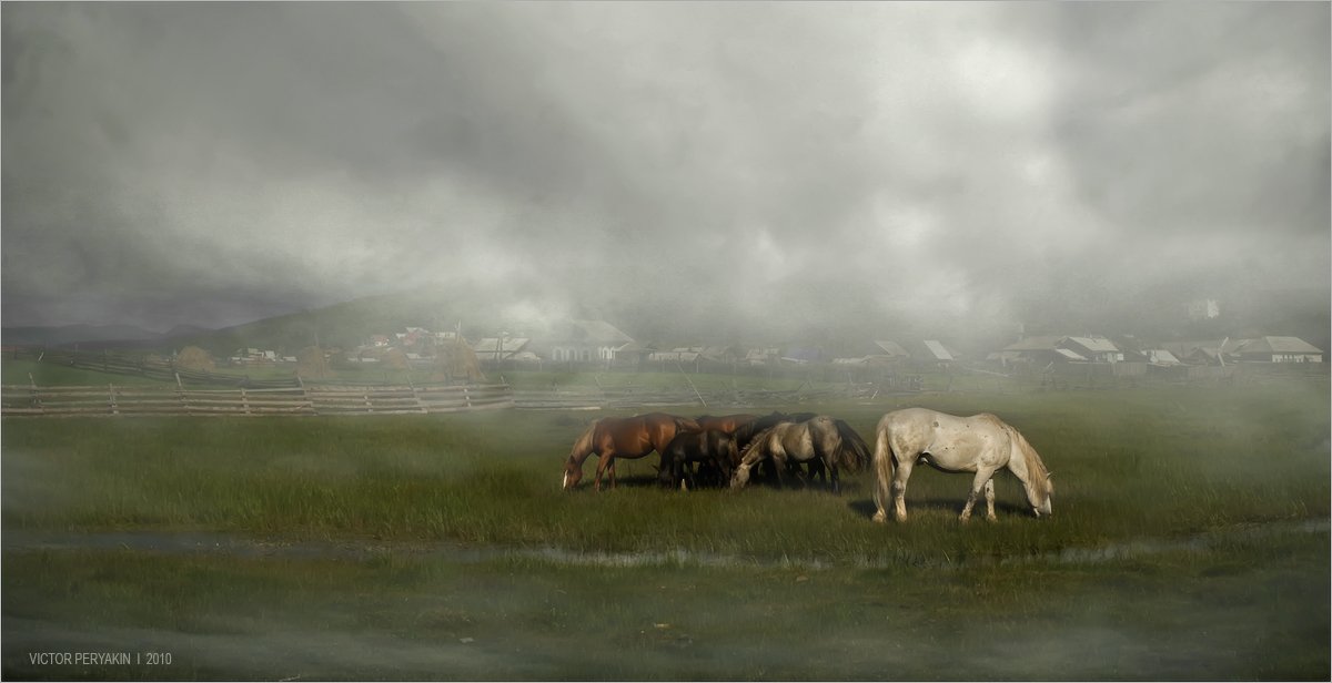 лошади, байкальская, деревня, сентябрь, туман, прохладя, Виктор Перякин