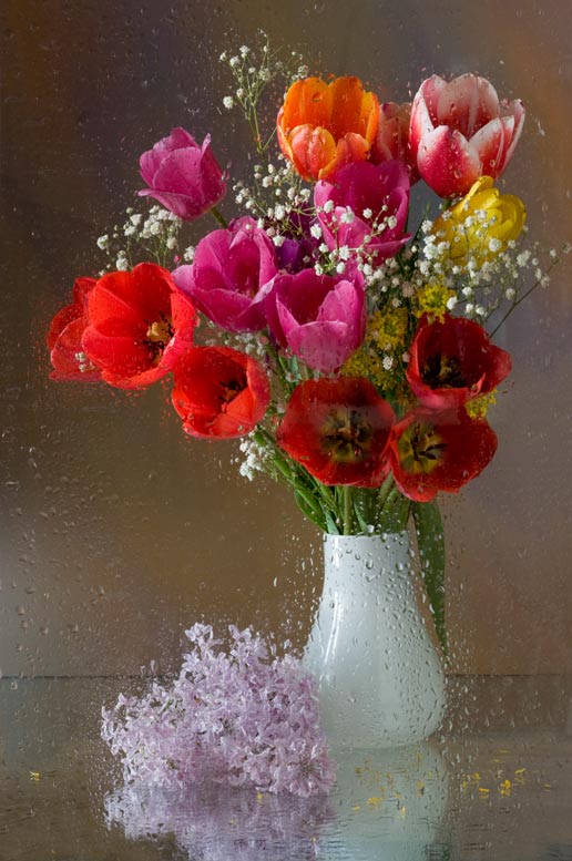 цветы, весна, букет, сирень, тюльпаны, вода, Melentev