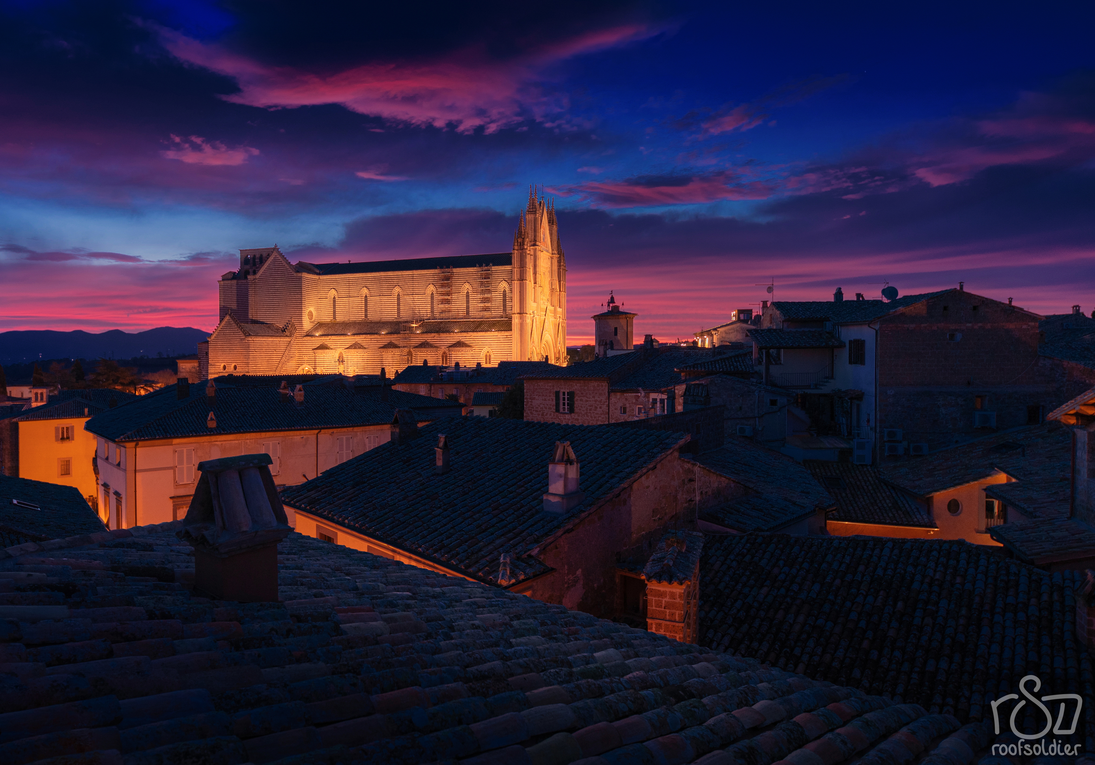 Italy, city, cityscape, architecture, roof, rooftop, orvieto, urban, postcard, sunset, sunrise, cathedral, church, Голубев Алексей