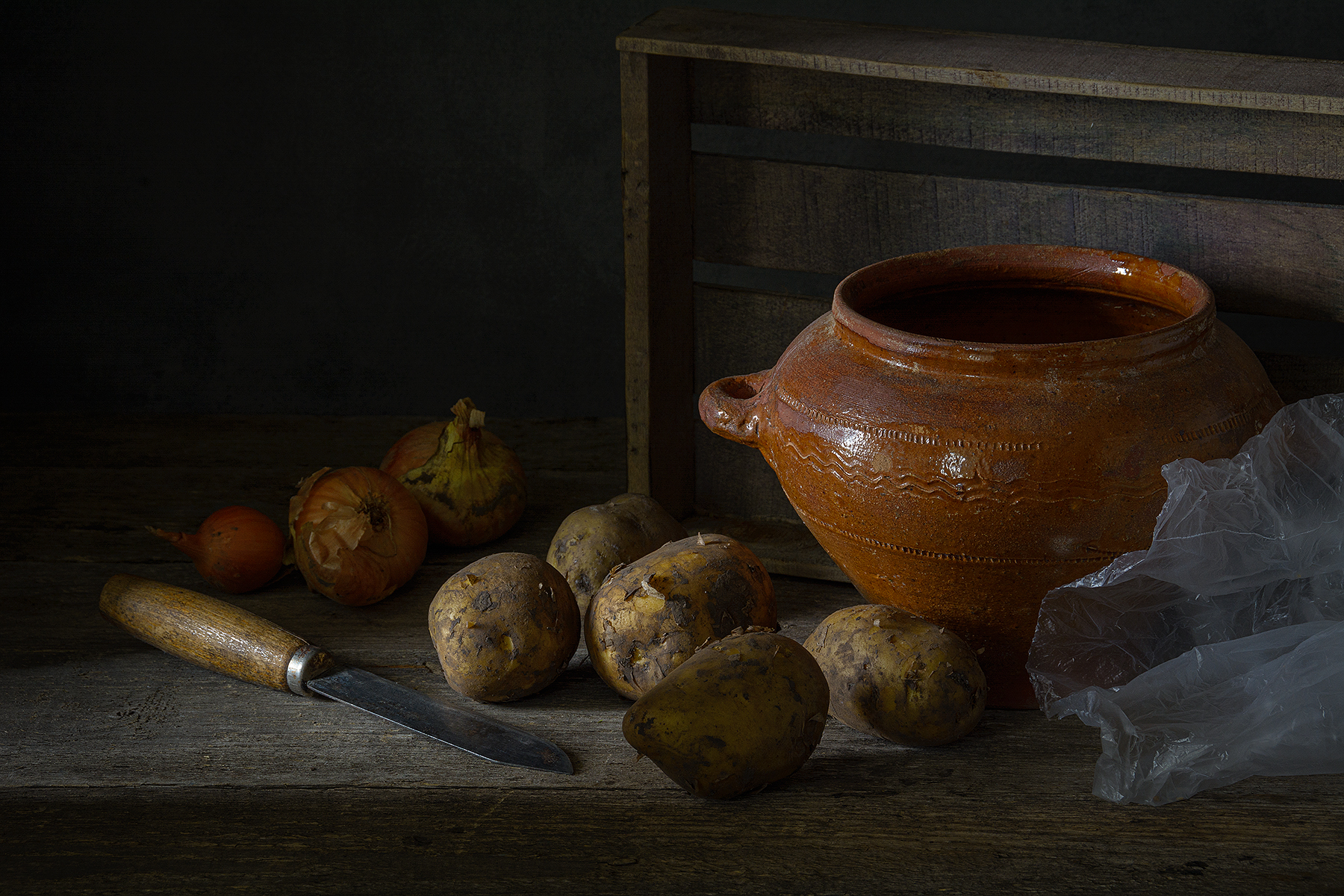 картошка, лук, горшок, ящик, нож, Алексей Бычков
