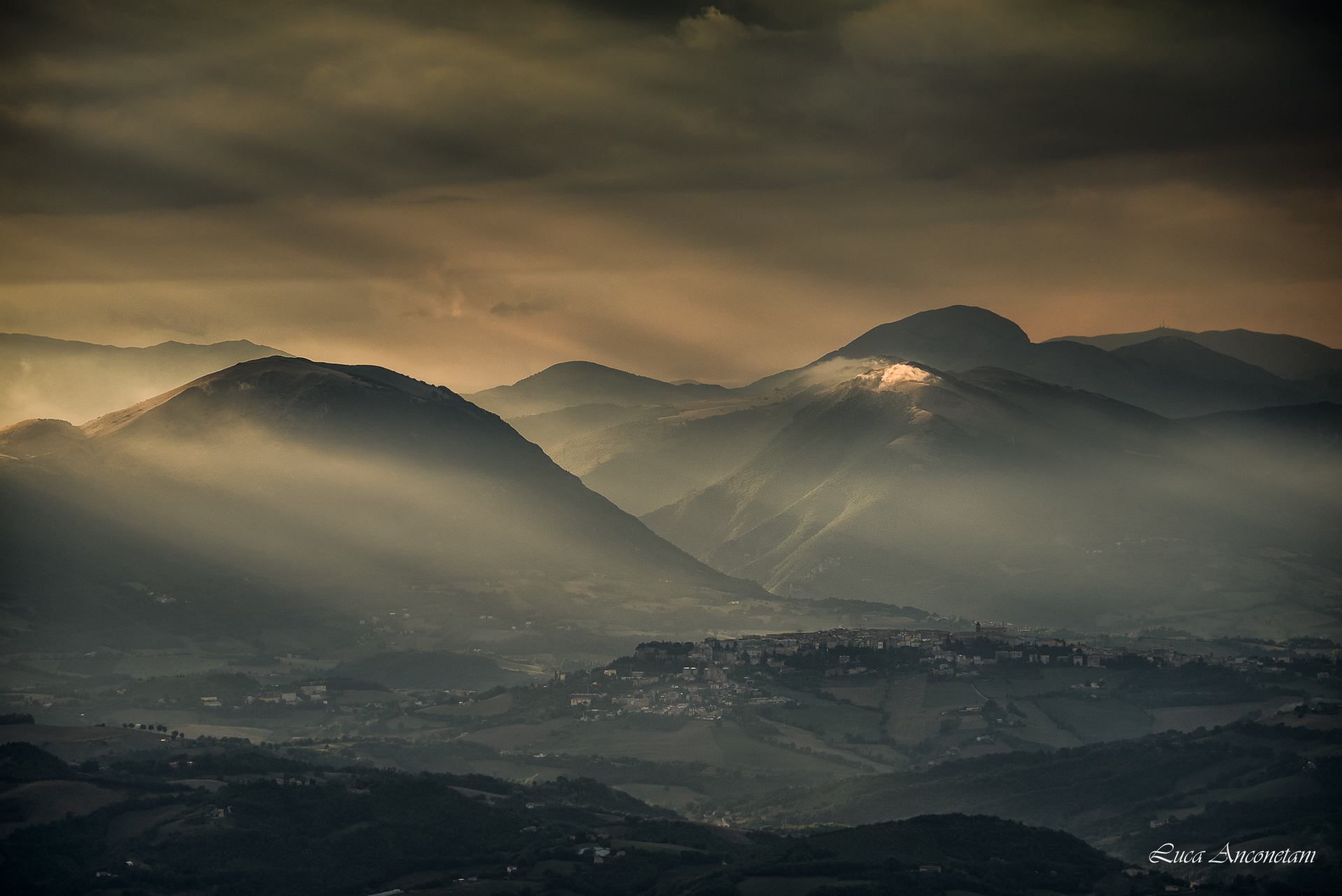 sunset camerino village marche region italy clouds landscape, Anconetani Luca