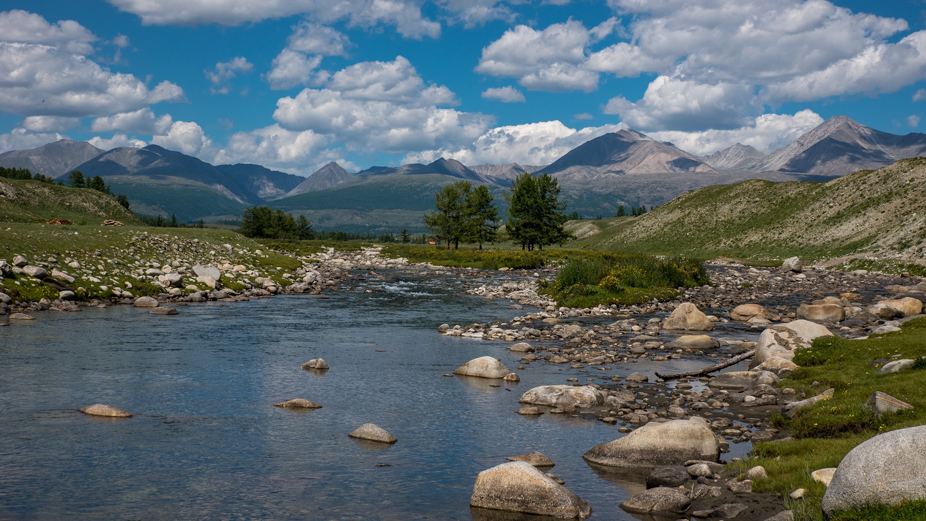 монголия, горы, лето, облака, озеро, горы, река, камни, валуны, Юрий Мальцев