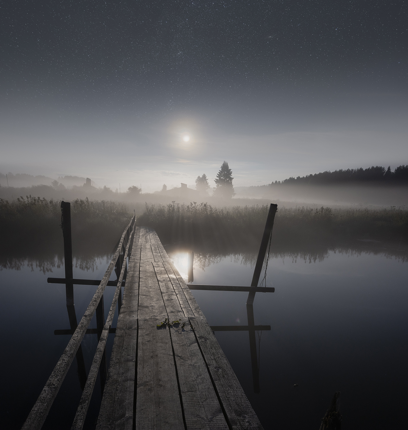 ночь, туман, луна, река, мостик, село, лето, Сергей Буторин