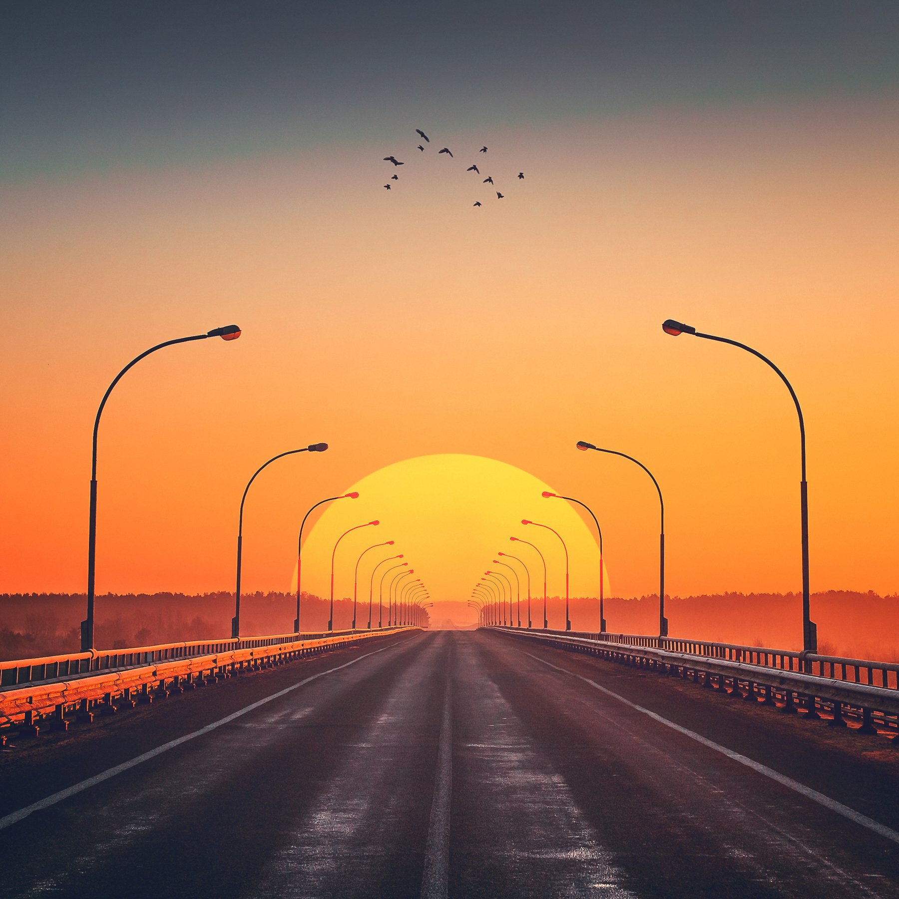 солнце закат дорога мост фонари птицы , Валерчик Михневич