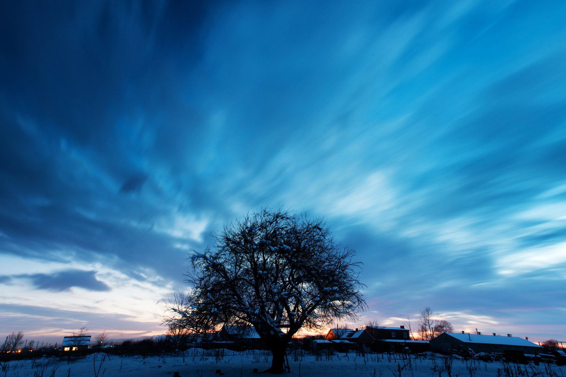 Закат, выдержка, дерево, зима, снег, облака, небо, Иван Кривко