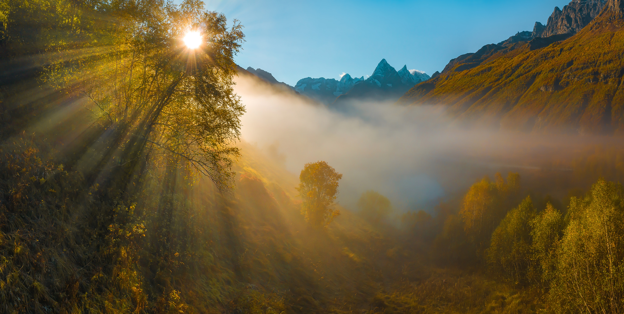 горы, гора, домбай, рассвет, осень, гоначхирском ущелье, тебердинский государственный природный биосферный заповедник, кавказ, хребет, вершина,  туман, туманный, чотча, долина реки гоначхир, речное, осенний, берёзы,, Лашков Фёдор