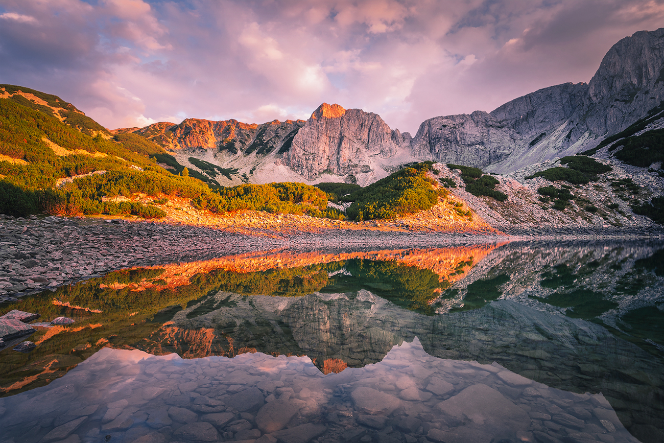 landscape, nature, scenery, summer, sunrise, lake, reflection, clouds, mountain, peak, пейзаж, горы, озеро, Александър Александров