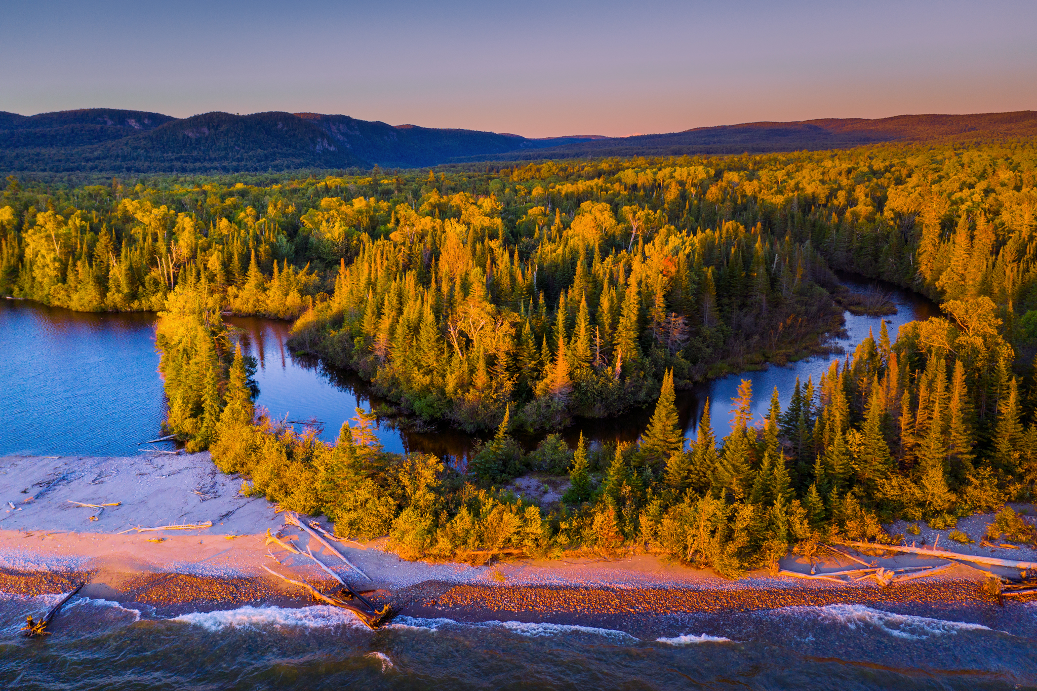 canada; lake superior, agawa, natural, forest, lake, aerial, drone, north america, landscape, sunset, colorful, live, wild, isolated, turn, river, beach, rocky, treem, trunk,, Marko Radovanovic