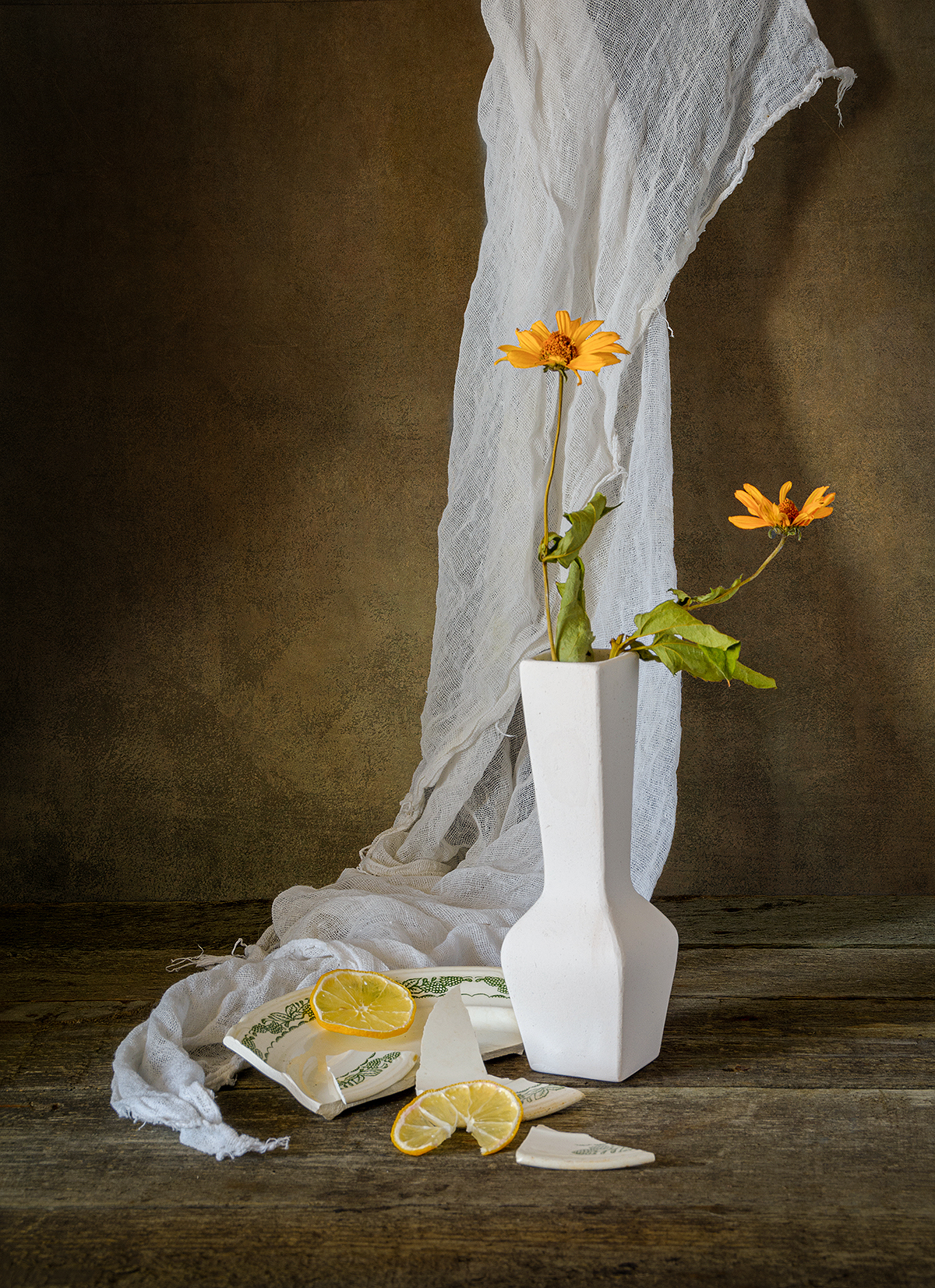 ваза, цветы, дольки лимона, тряпка, Алексей Бычков