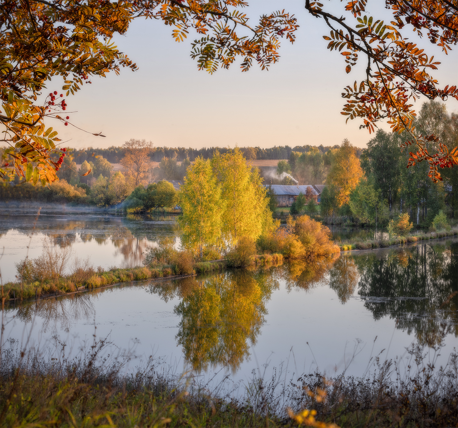 вечер, село, закат, пруд, дым, Сергей Буторин