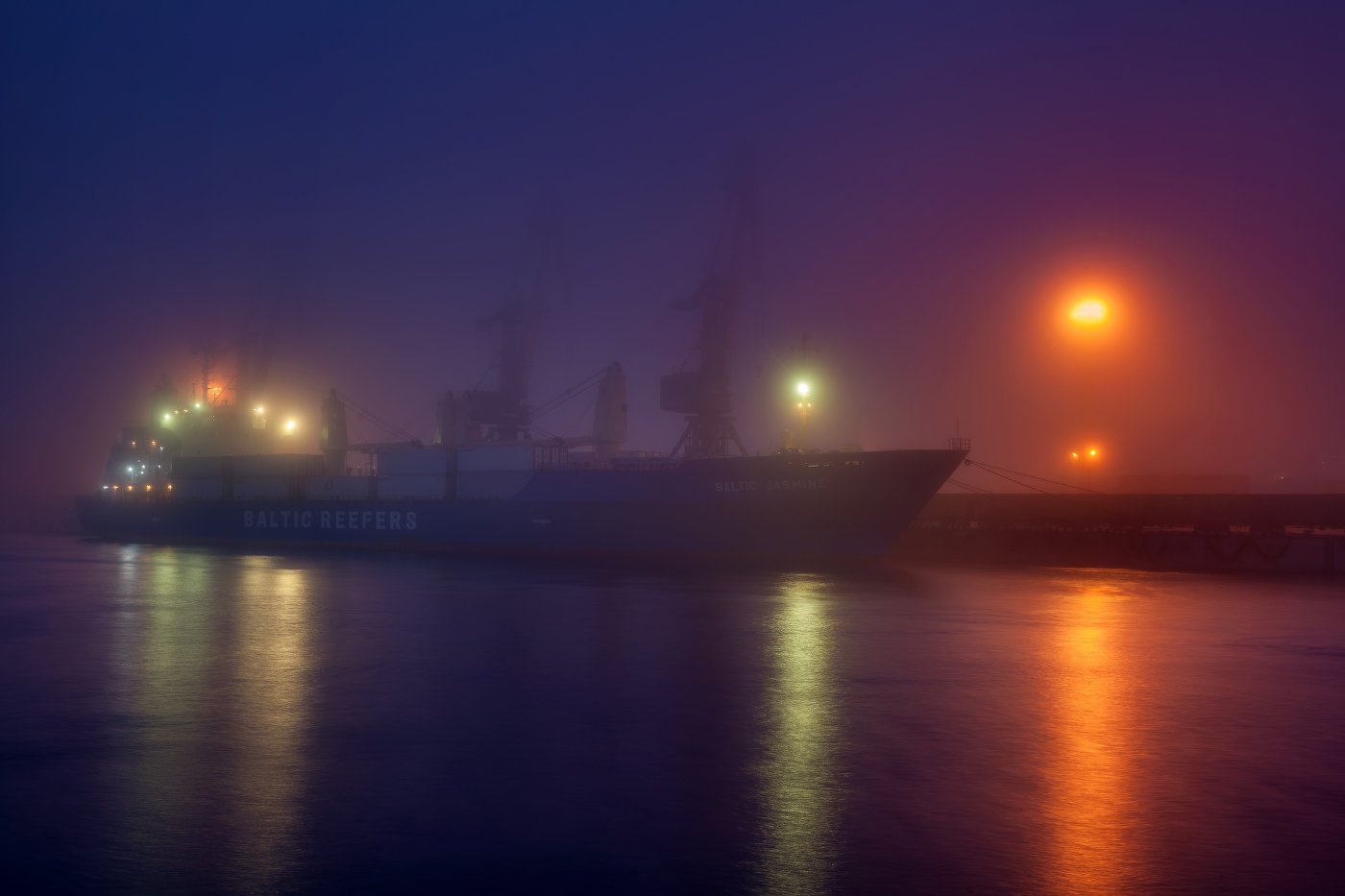 baltic sea, fog, lights, night, sea, ship, KrubeK