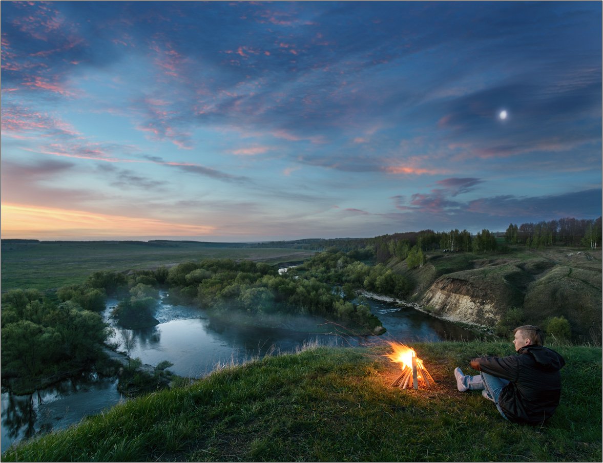 Landscape, Sunrise, Fire, Костер, Пейзаж, Река, Восход, Andrew Kolobov