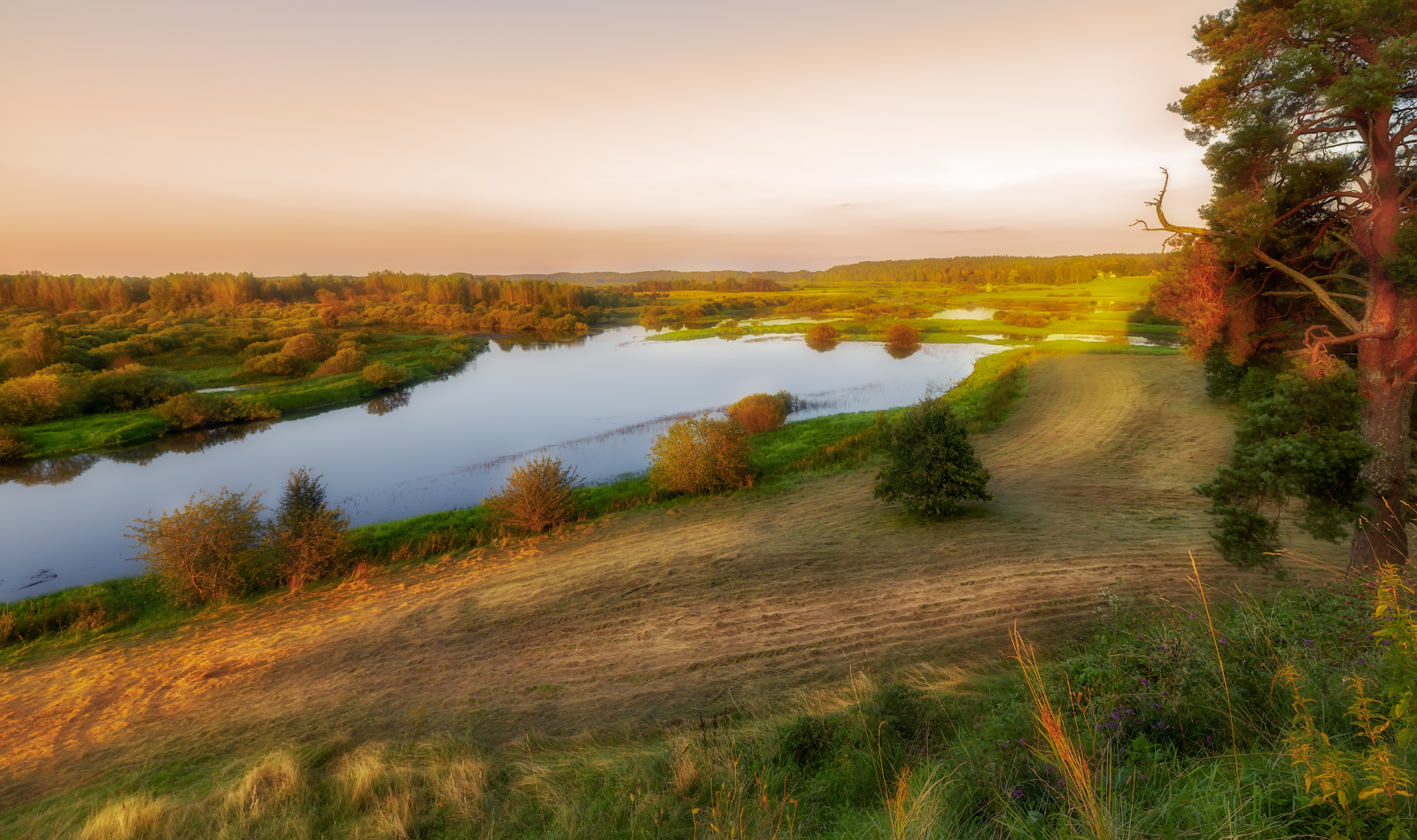 река вечер небо природа солнце закат трава, Константин Скороходов