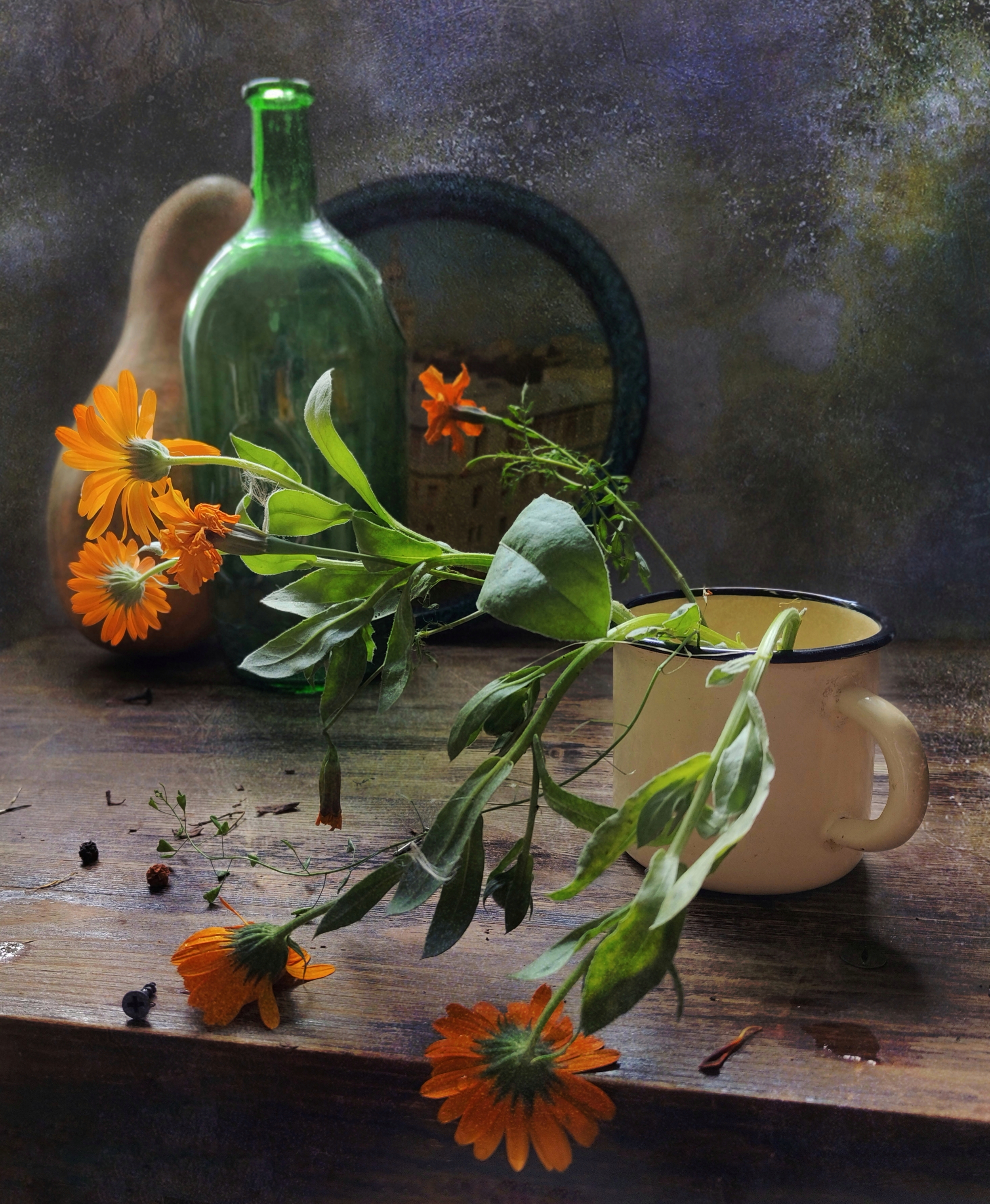 цветы, оранжевый тыква, кружка, бутылка, Ирина Курмалеева