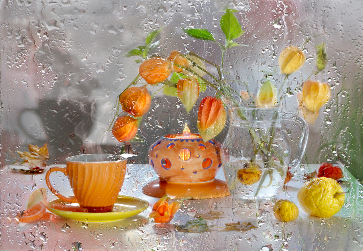 физалис, чашка, яблоко, айва, натюрморт, осень, Шруб (Беляева) Татьяна