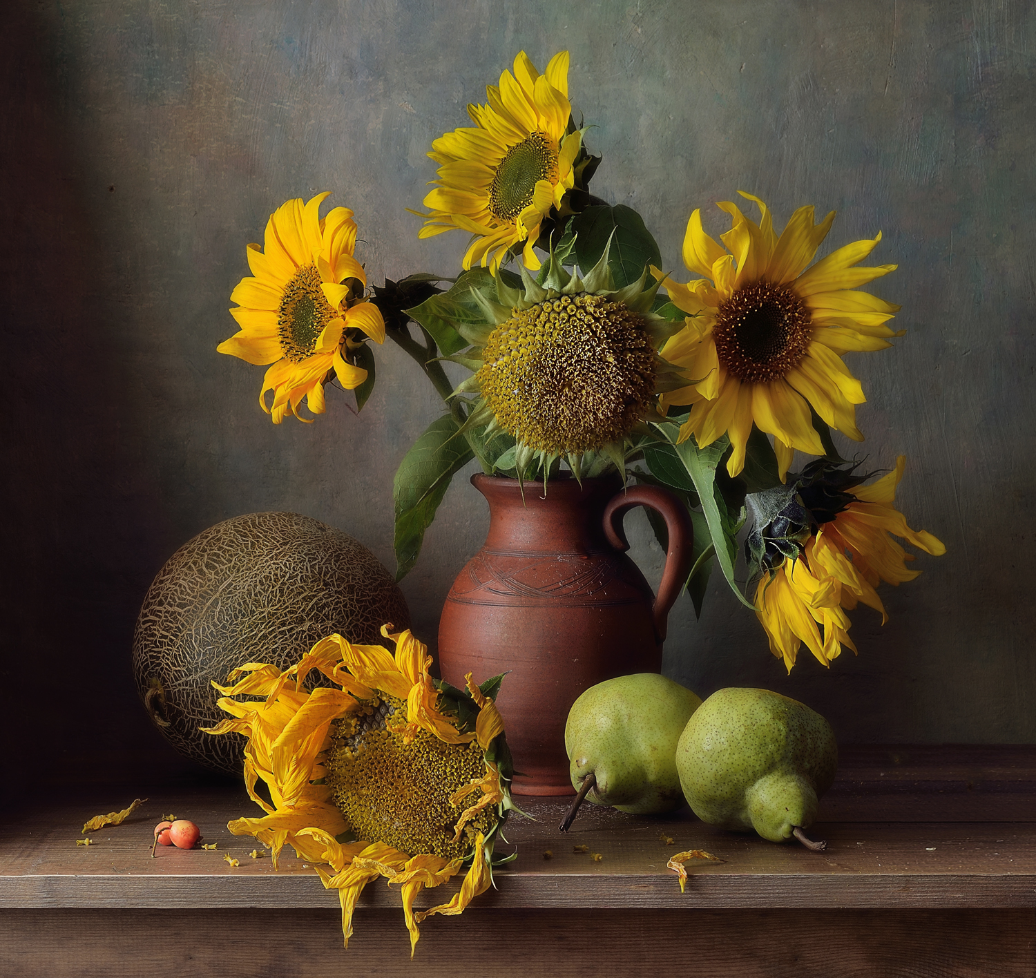 натюрморт,подсолнухи,букет,дыня,груши, Наталия К