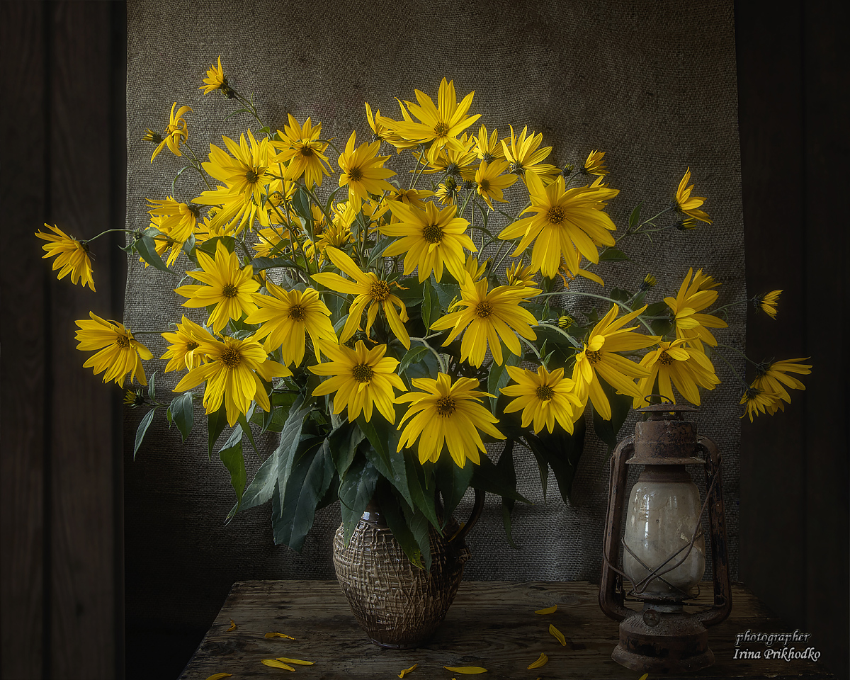 натюрморт, цветы, фонарь, рустикальный стиль, букет тапинамбура, Приходько Ирина