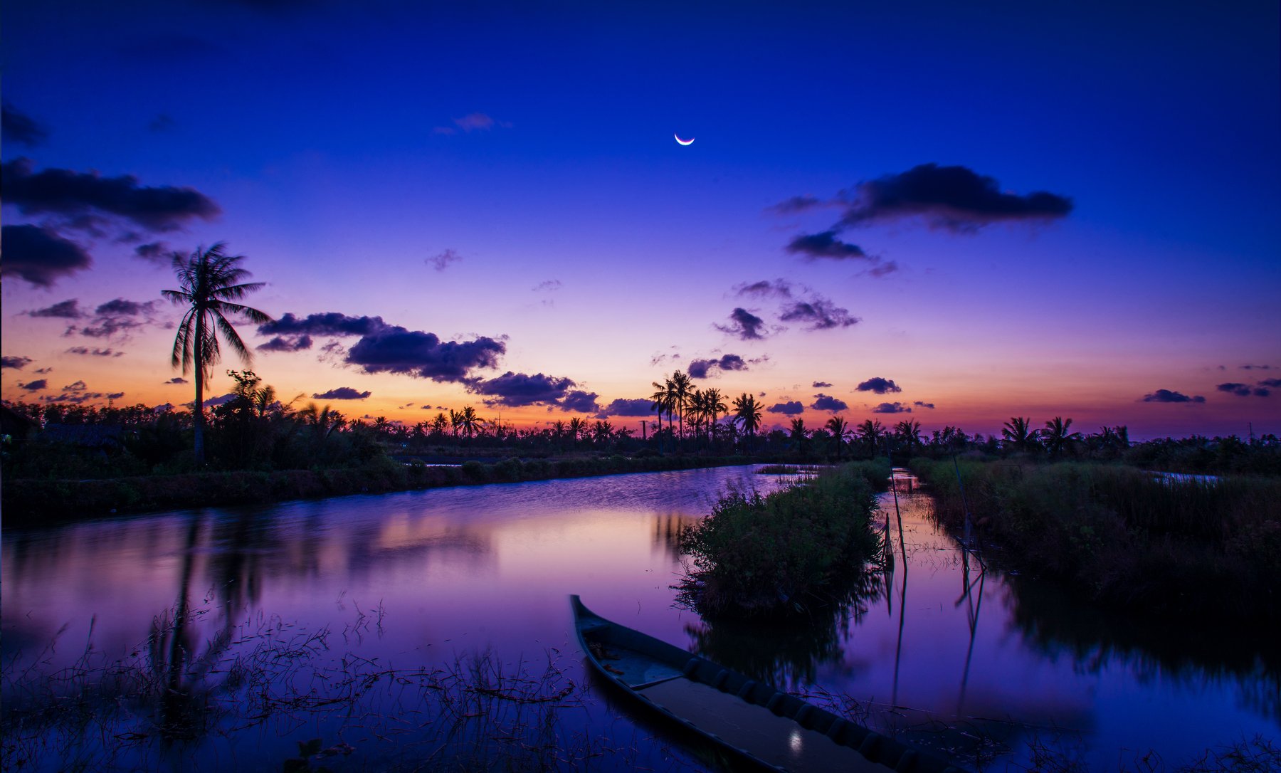 Beautiful, Boat, Ca mau, Clouds, Color, Exposure, Moon, Nice, Purple, Purple sunset, Sky, South east asia, Sun, Sunset, Tree, Vietnam, Water, Nguyen Trung Duc