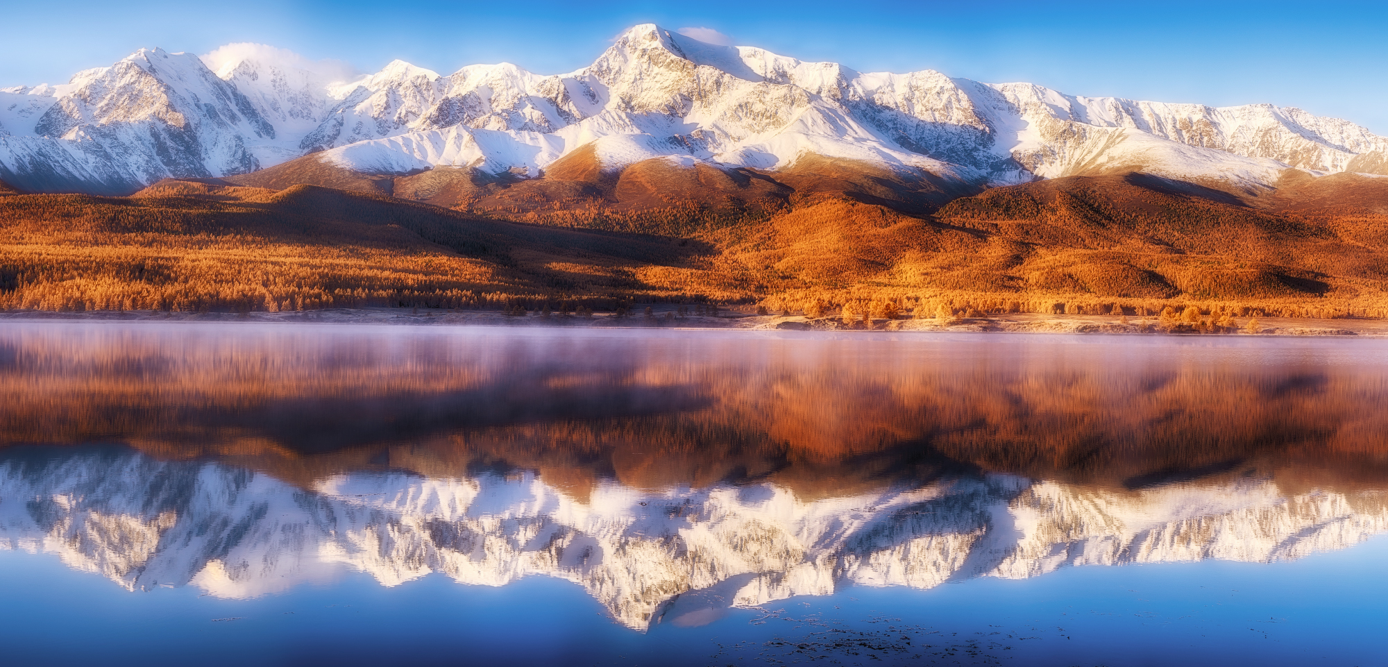 осень вода горы отражение озеро утро пейзаж снег, Татьяна Юганова