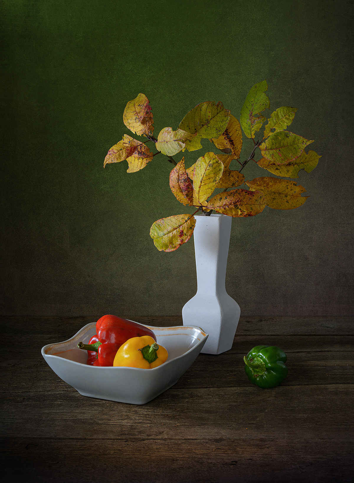 перцы, ваза, блюдо, цветной, ветка, листья, осень, Алексей Бычков