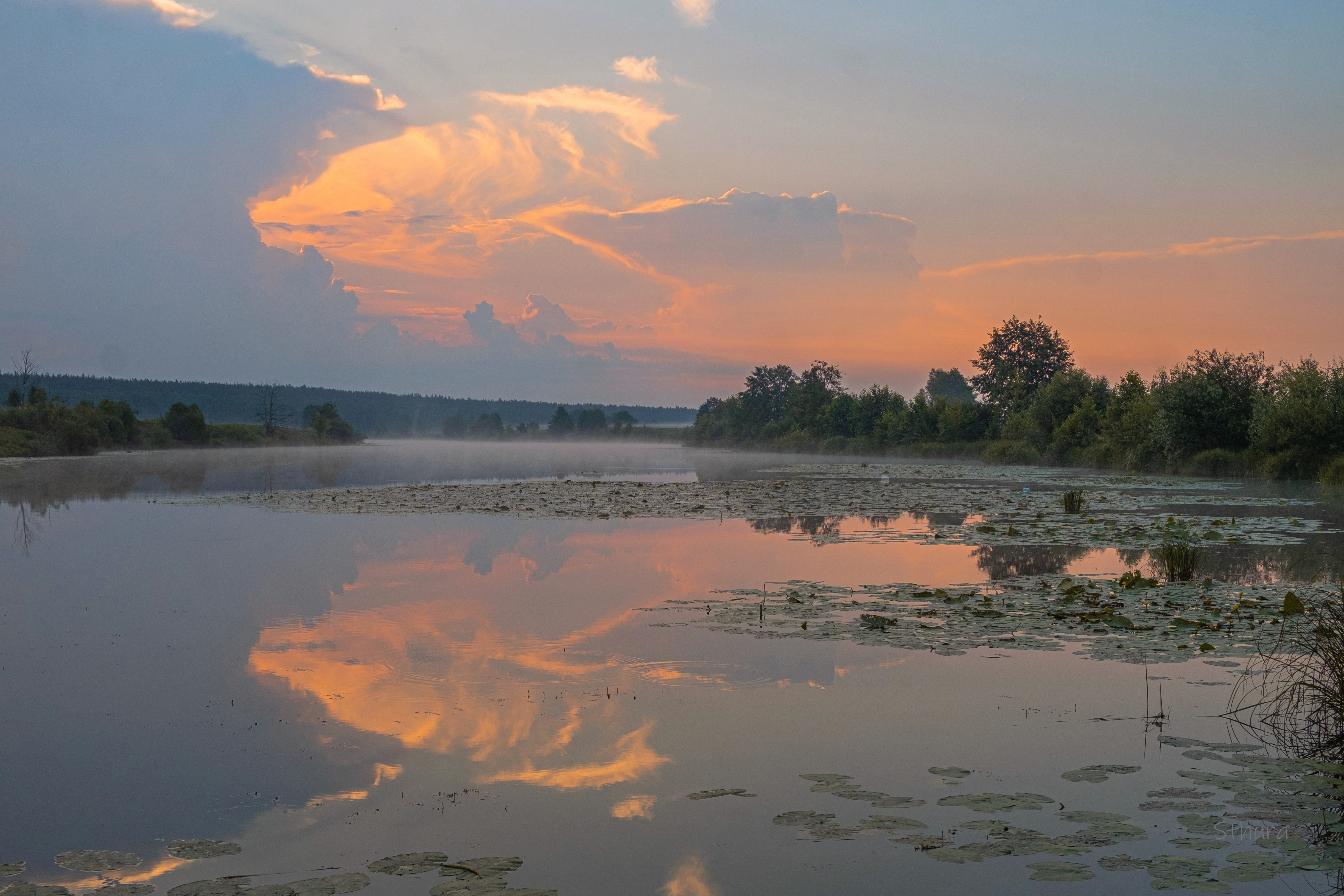 лето озеро рассвет облака отражение природа пейзаж, Александр Строков
