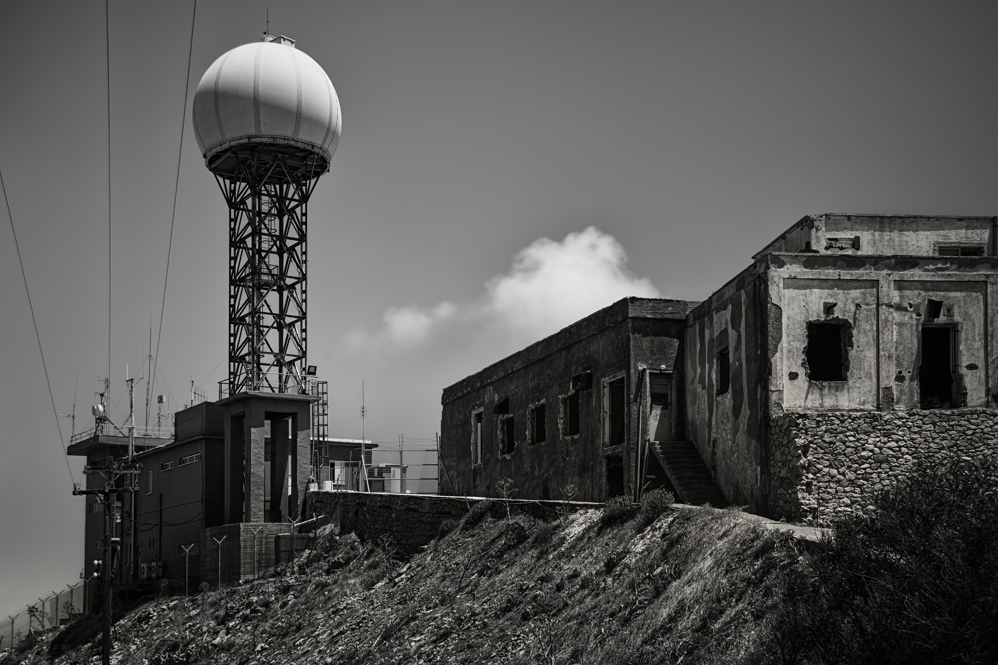 #Monochrome photography #Black #Monochrome #Black and white #Tower #Grey #Dome #Still life photography #radar #mast #military #nato, Shpek Andrey