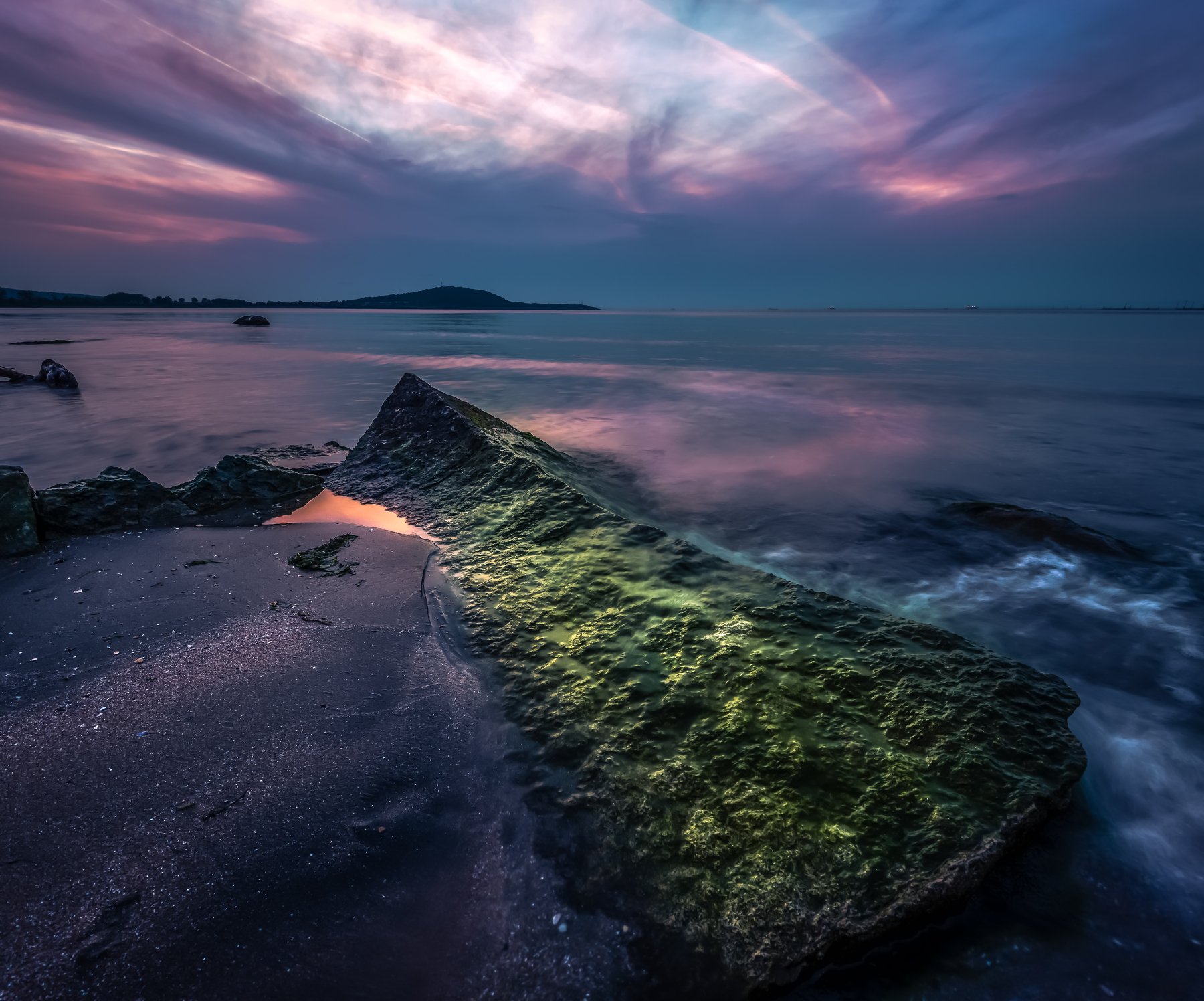 sunset, evening, blue, hour, sea, seascape, rock, clouds, reflection, Jeni Madjarova