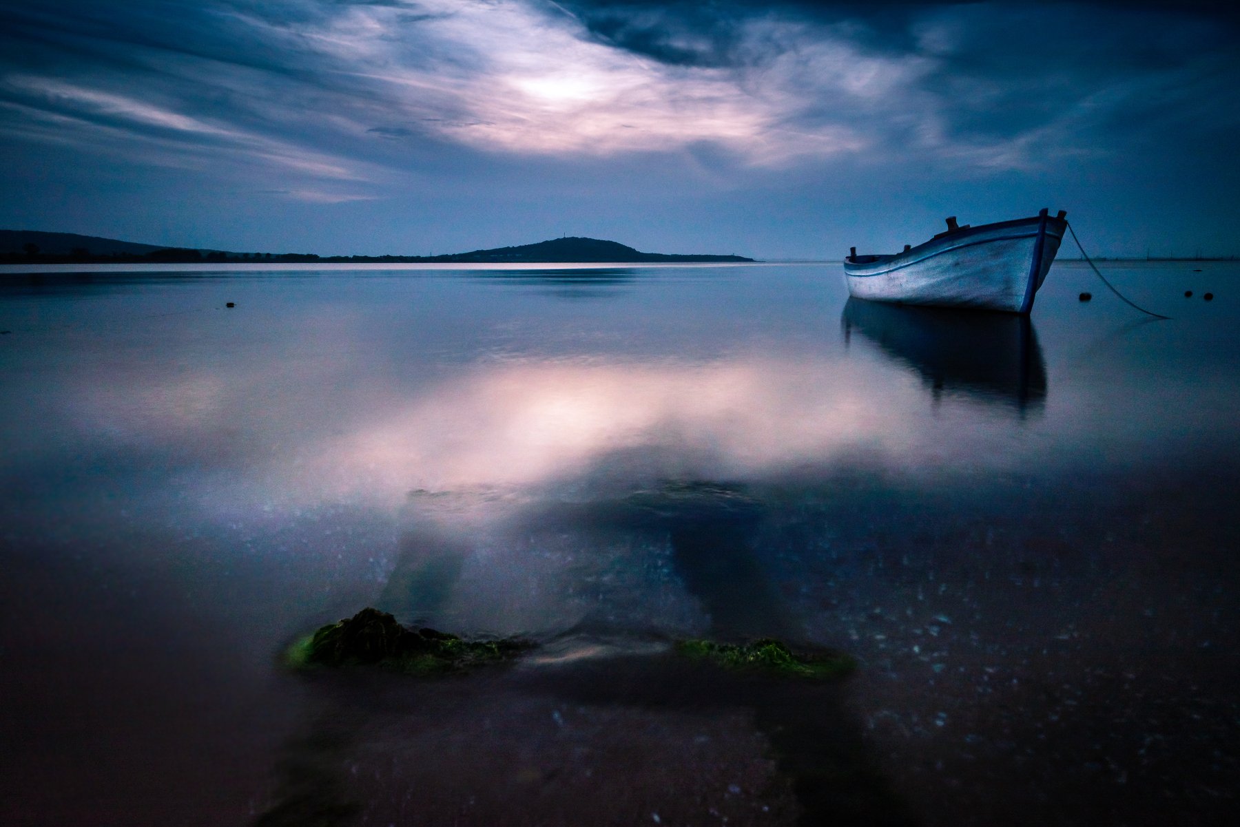 boat, sunset, evening, blue, hour, sea, seascape, Jeni Madjarova
