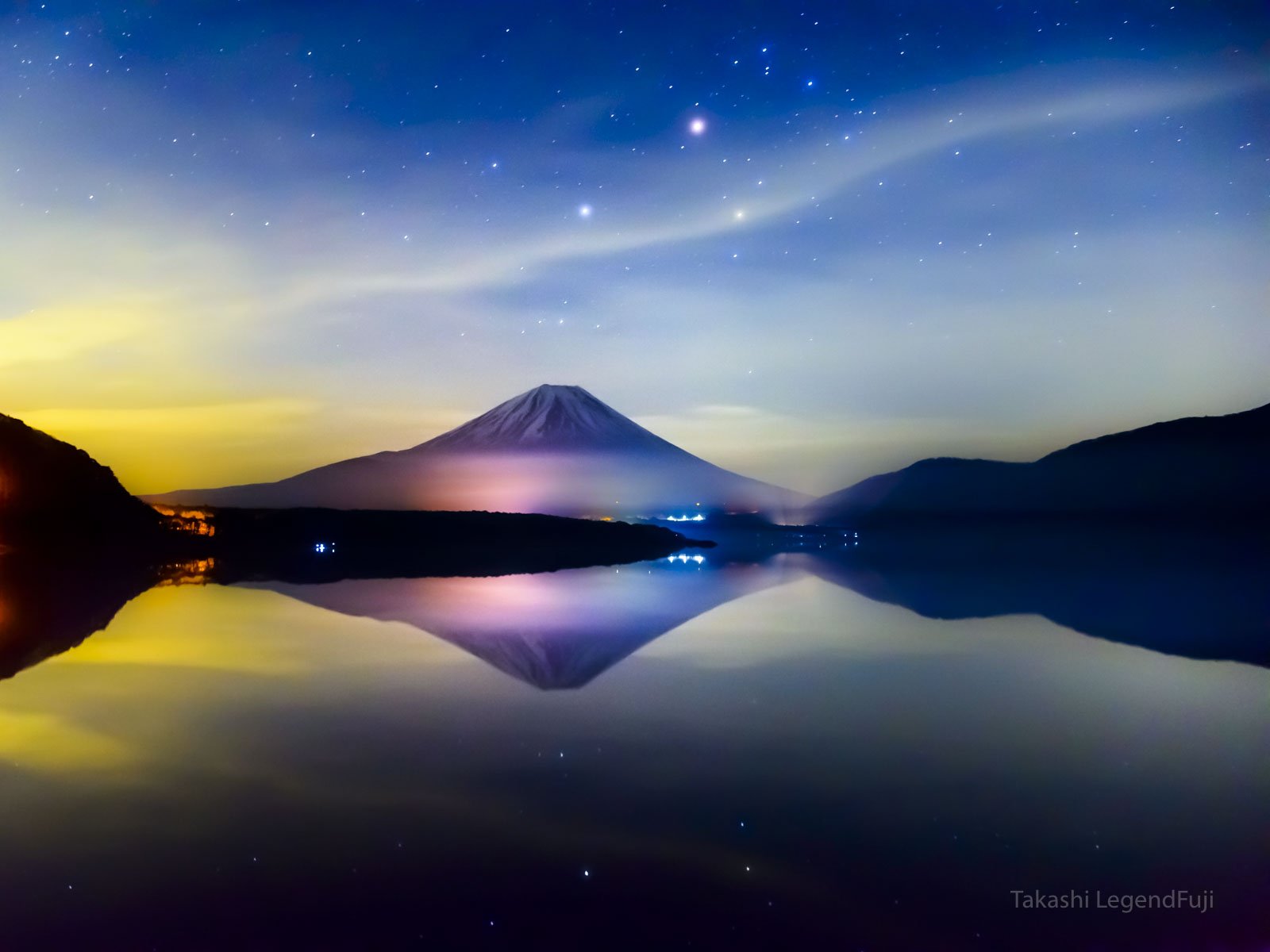 fuji,mountain,lake,water,reflection,cloud,night,space,universe,blue,purple,sky, Takashi