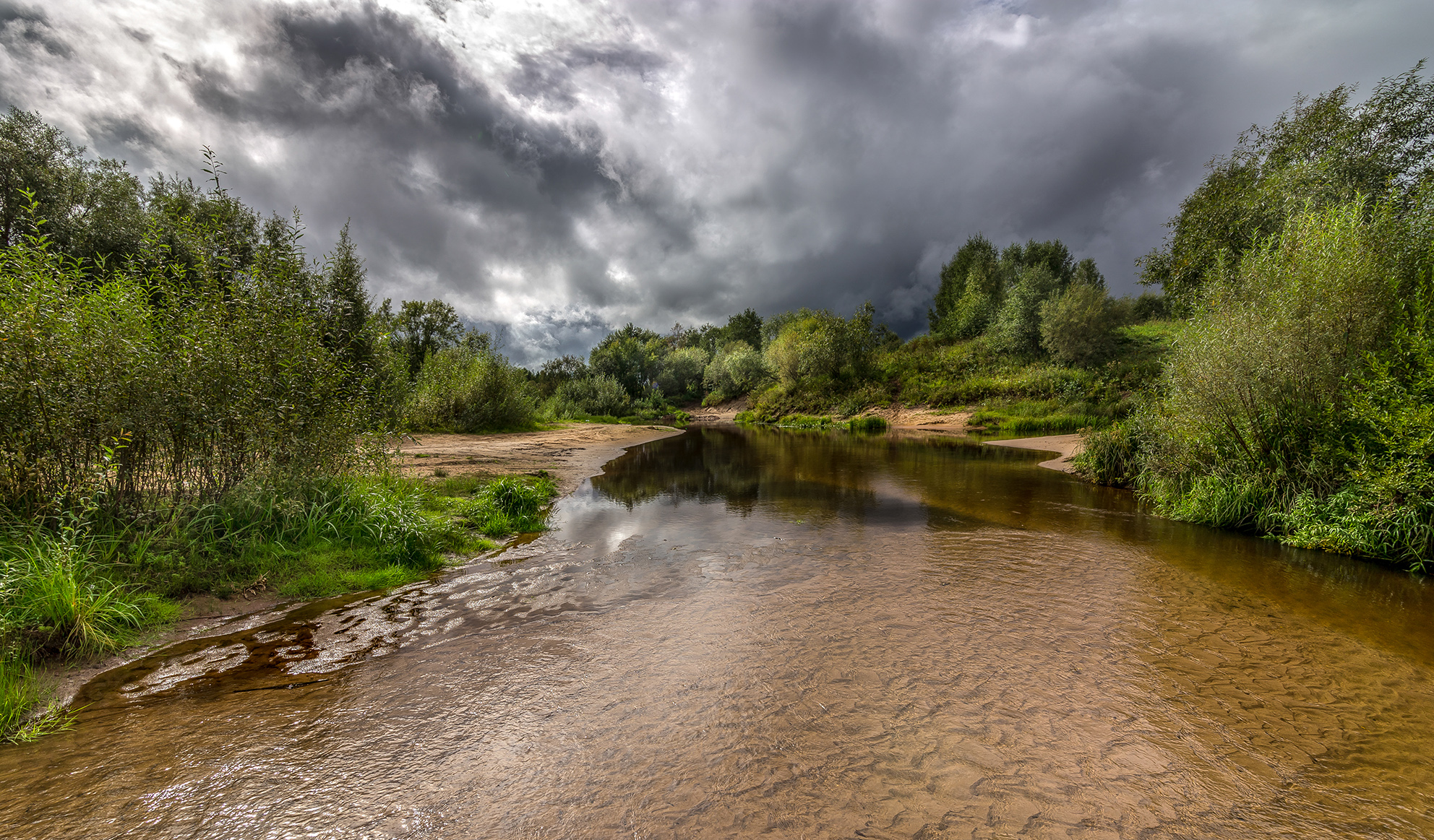 речка, брод, отмель, небо, тучи, пасмурно, кустарник,, Анкудинов Леонид