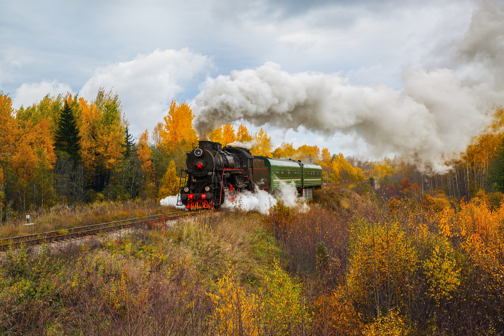 осень, пейзаж, дом, деревья, паровоз, Мурзинов Виктор