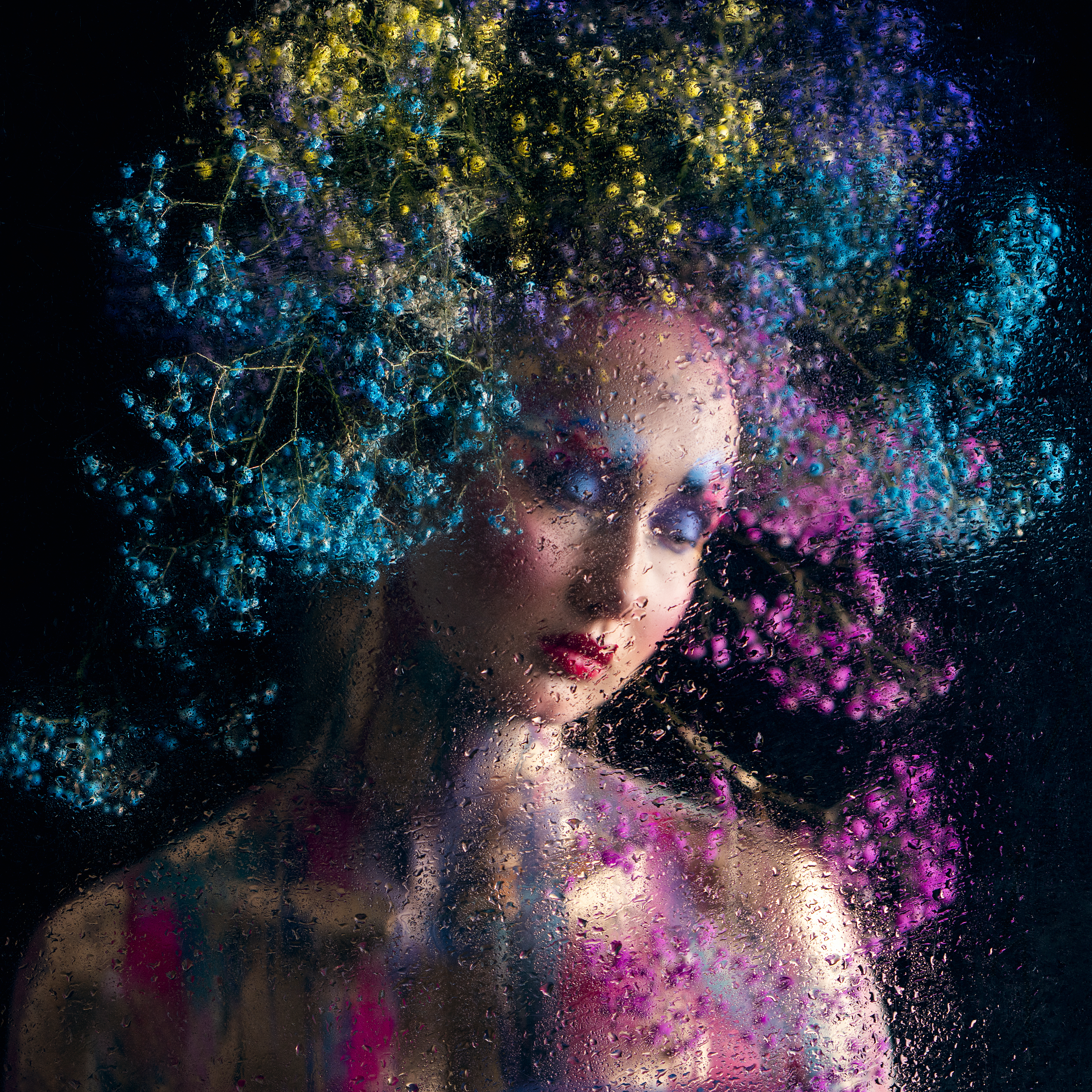 abstract portrait, artistic photography, blooming colors, conceptual art, dreamlike mood, emotional expression, fantasy styling, floral crown, impressionistic style, painterly effect, poetic vision, surreal portrait, symbolic imagery, water droplets, Alex Tsarfin