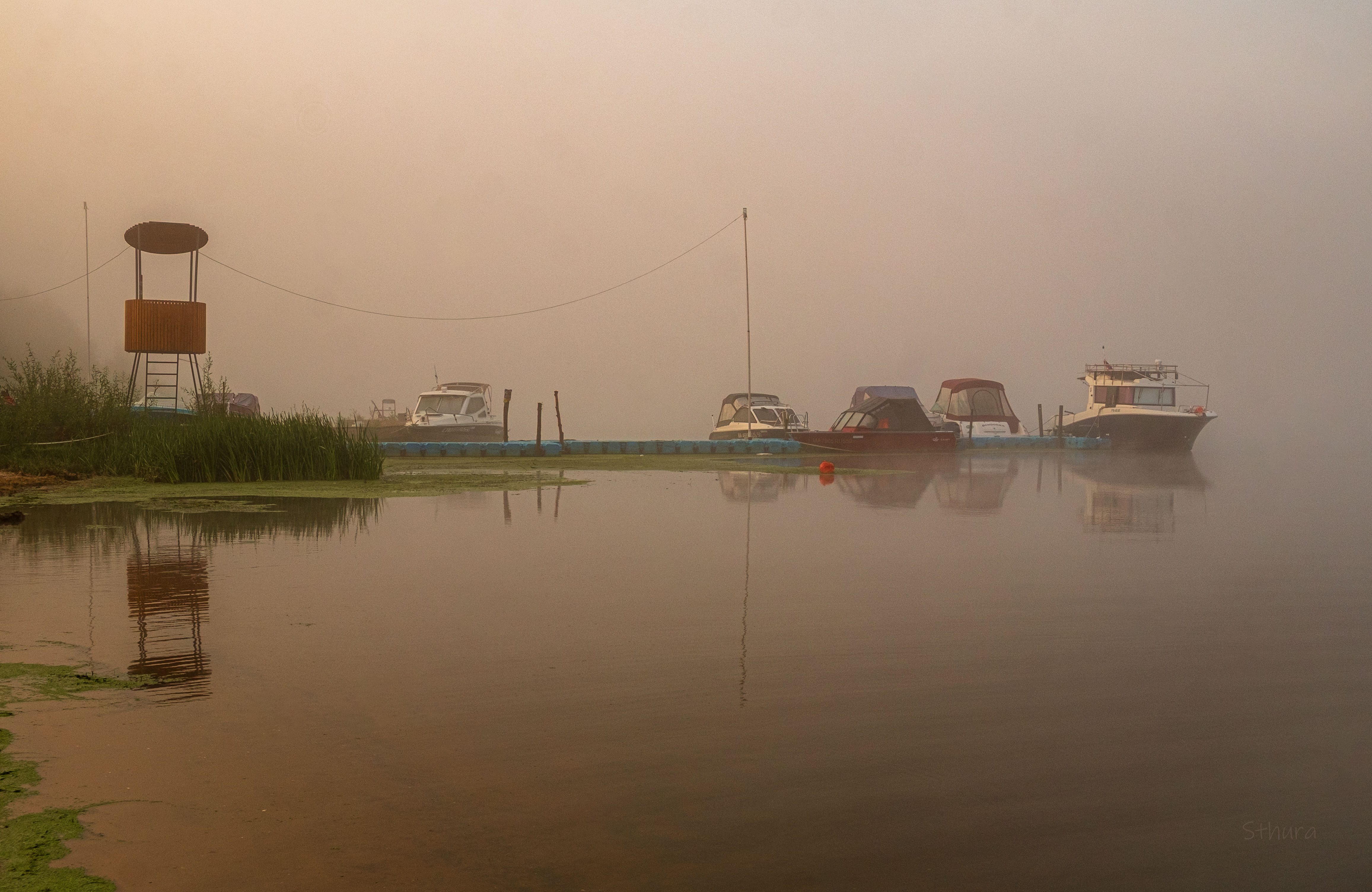 лето утро туман природа река причал катер, Александр Строков