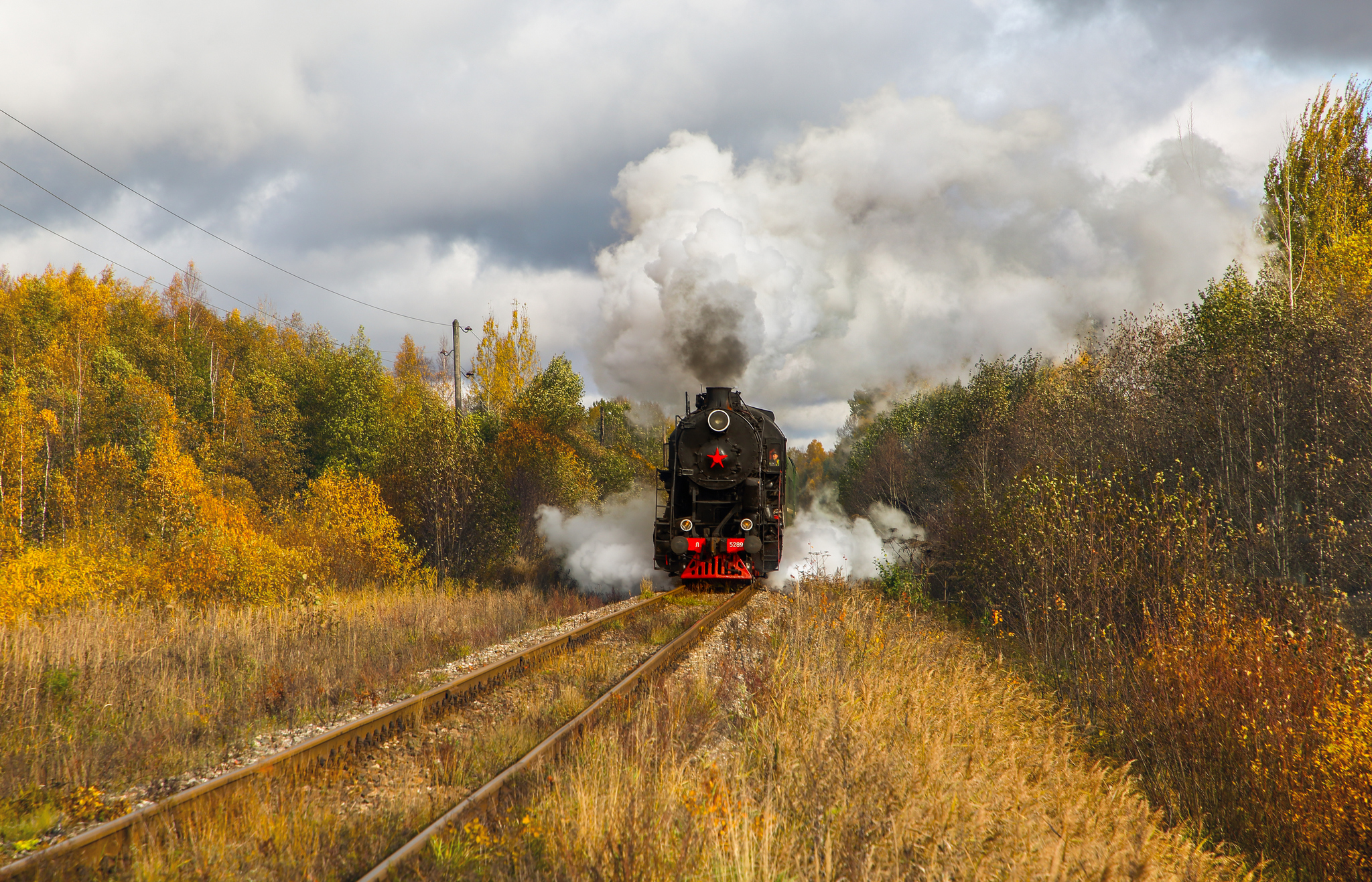 осень, пейзаж, дом, деревья, паровоз, Мурзинов Виктор