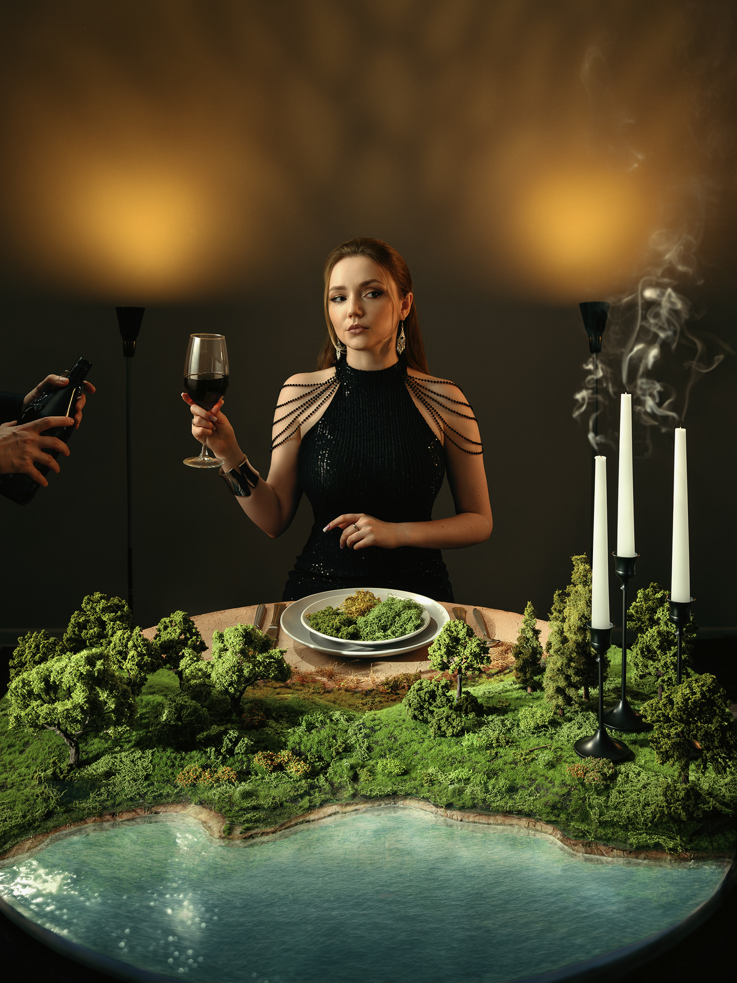 экология, лицемерие, постановочная, фотография, диорама, девушка, ужин, природа, атмосфера, свечи, платье, Парышков, Nikon Z8, 28-75,, Парышков Сергей