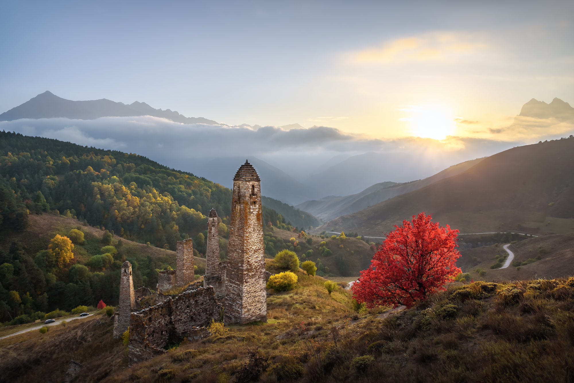 кавказ, горы, ингушетия, пялинг, башня, башни, осень в горах, осень, осенний пейзаж, архитектура, закат, Zakharov Armen