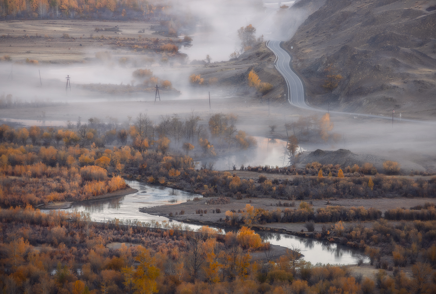 алтай, река, дорога, изгибы, меандры, рассвет, туман, горы, Сергей Буторин