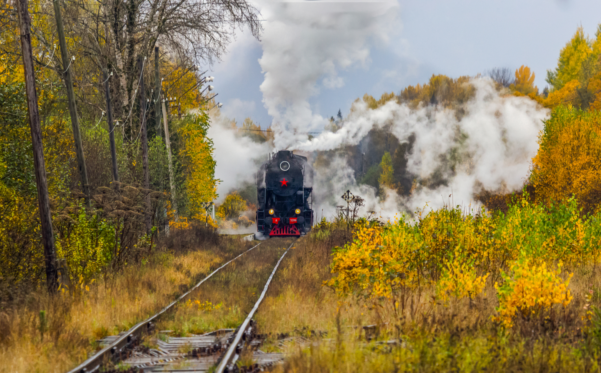 осень, пейзаж, дом, деревья, паровоз, Мурзинов Виктор