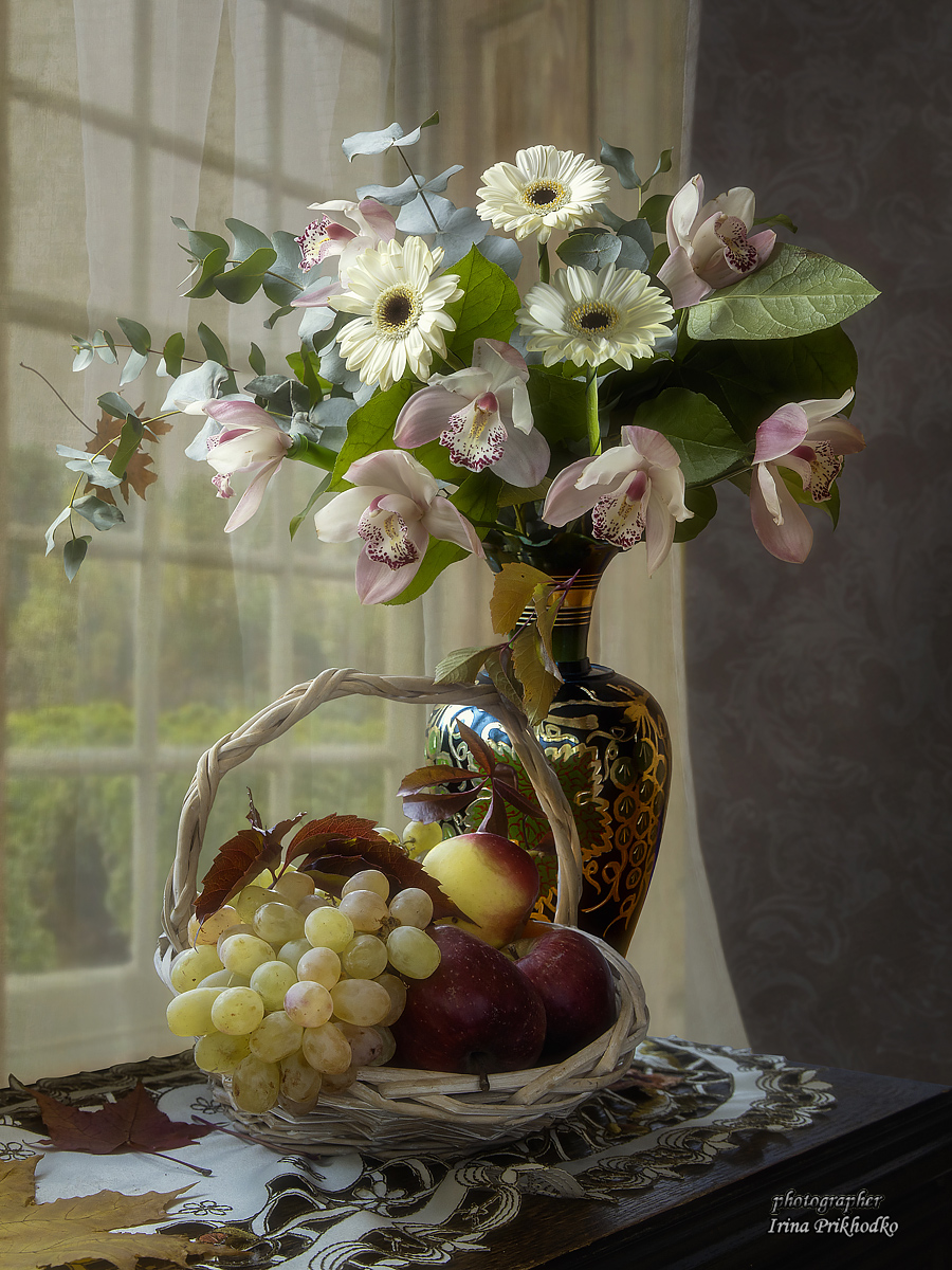 натюрморт, цветы, орхидеи, фрукты, Приходько Ирина